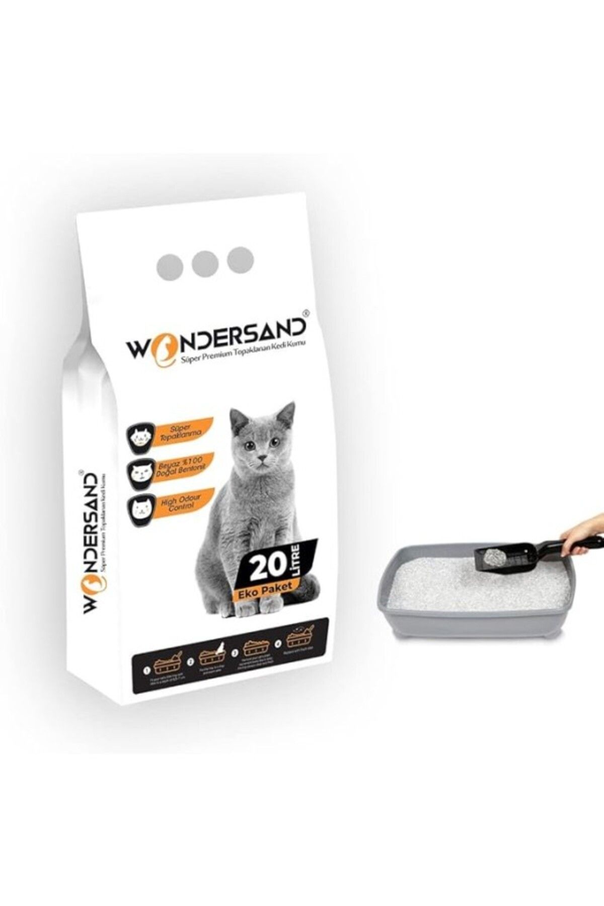 ShopZum Wondersand 20 Lt Beyaz Bentonit Ince Tane Kokusuz Süper Topaklanan Premium Kedi Kumu