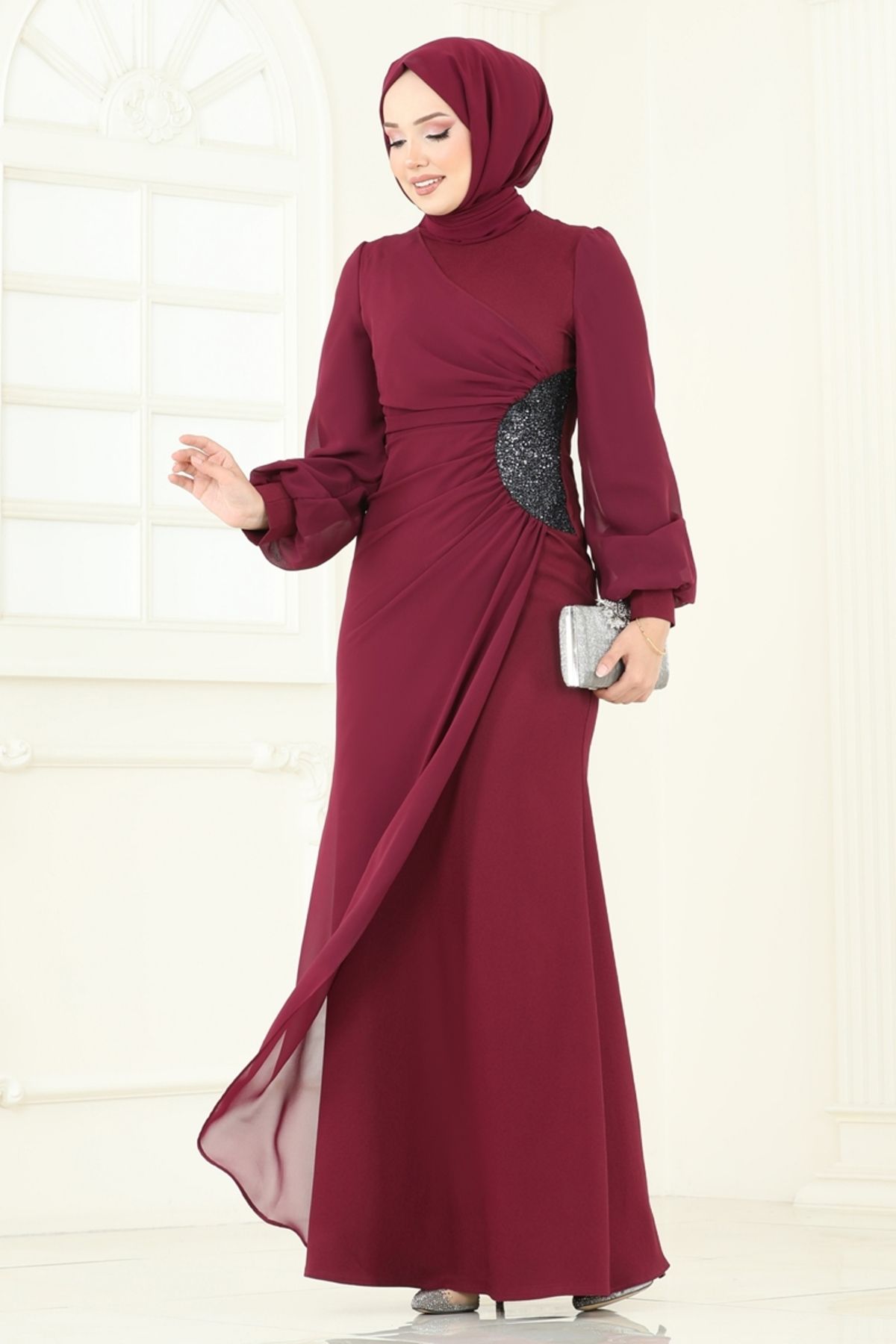Modaselvim Pul Payetli Abiye Elbise 2770ASMK1074 Bordo