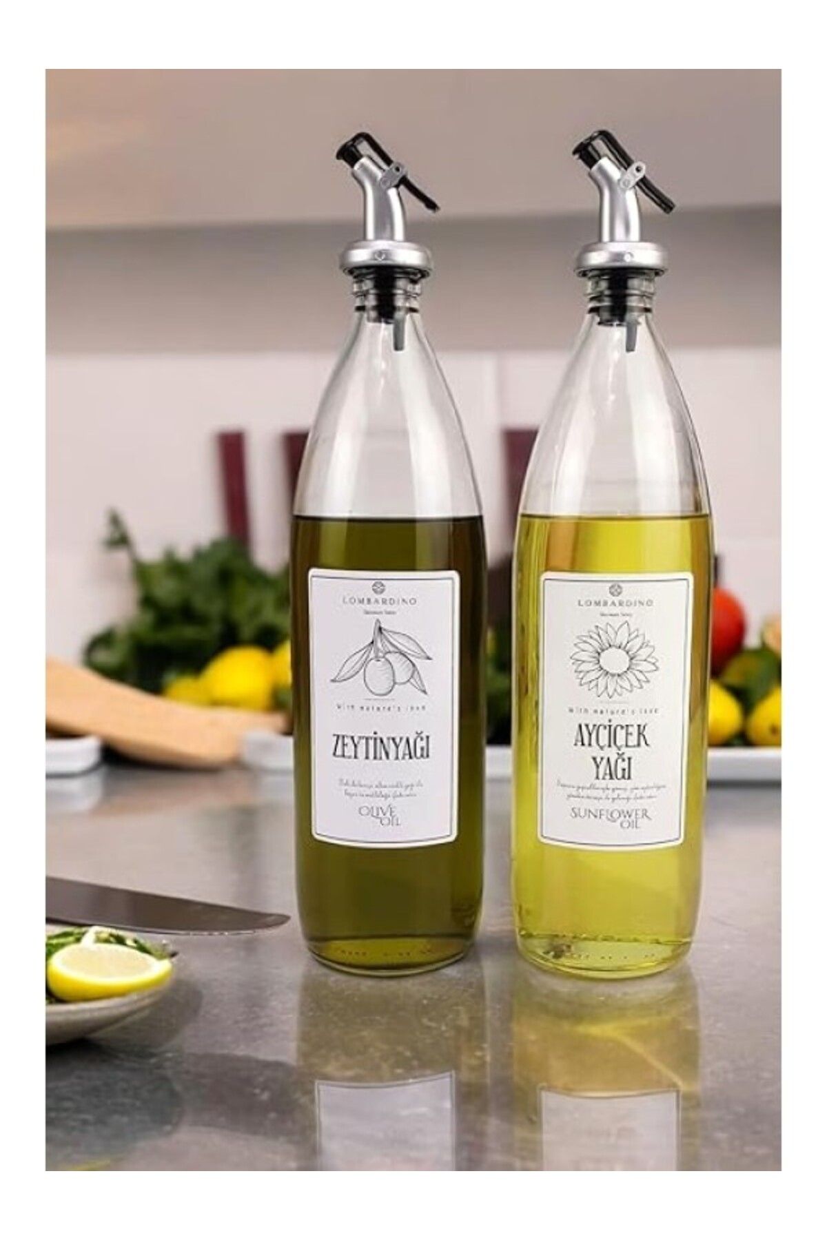 ShopZum Lombardino Vetro 2&amp;apos;li Zeytinyağı Ve Sıvıyağ Şişesi Yağdanlık 1000 ml Sh-003