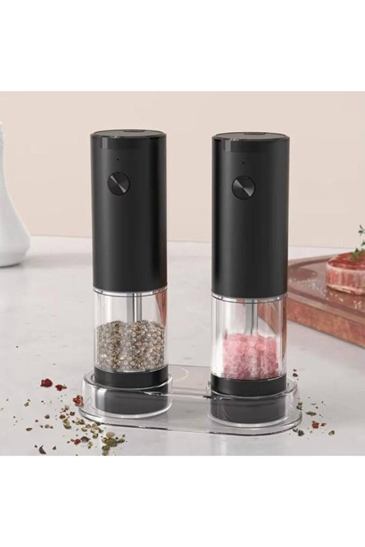 ShopZum Hakopro Pilli Led Işıklı Tuz Karabiber Değirmeni Otomatik Baharat Öğütücü Seti