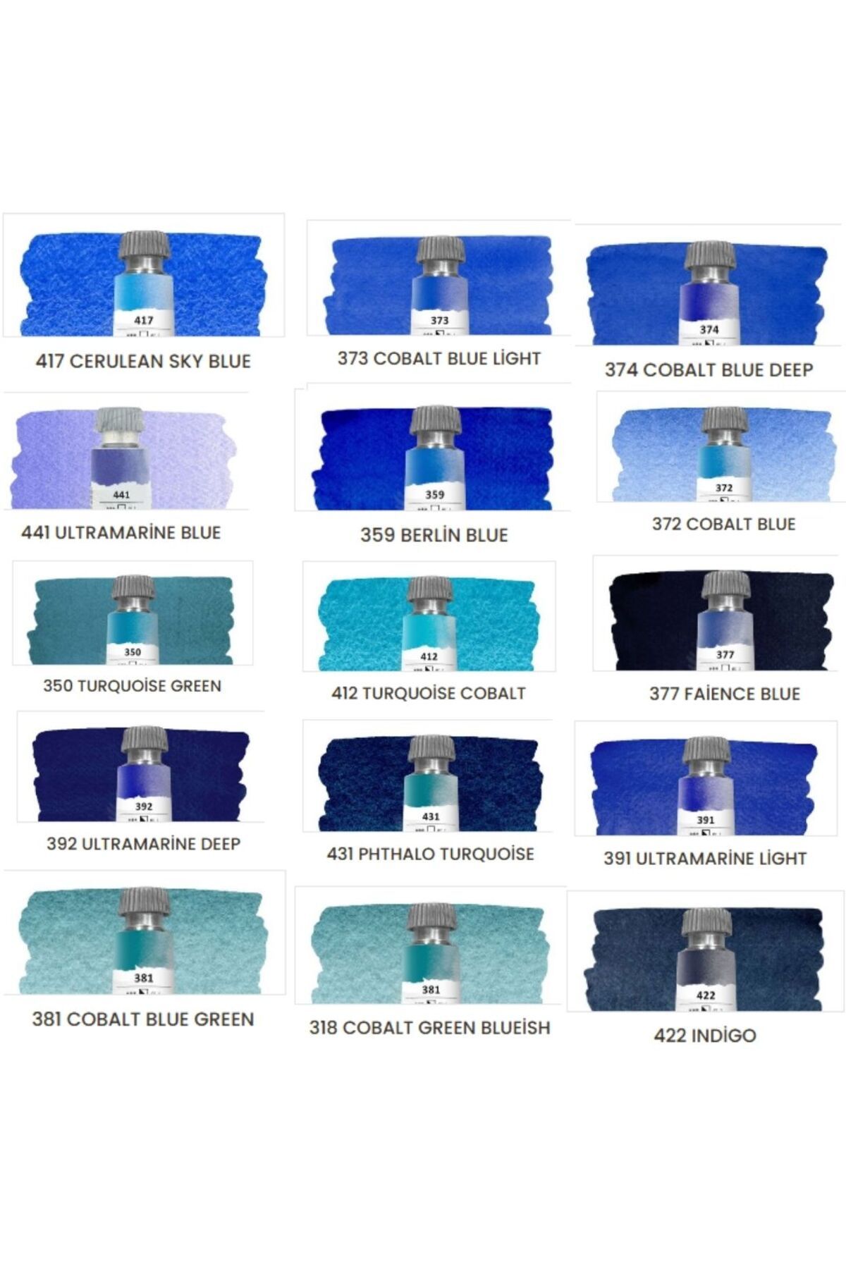 Maimeri Blu Pro Tüp Sulu Boya,Watercolor 12 ml,15'Li Blue Tones Set