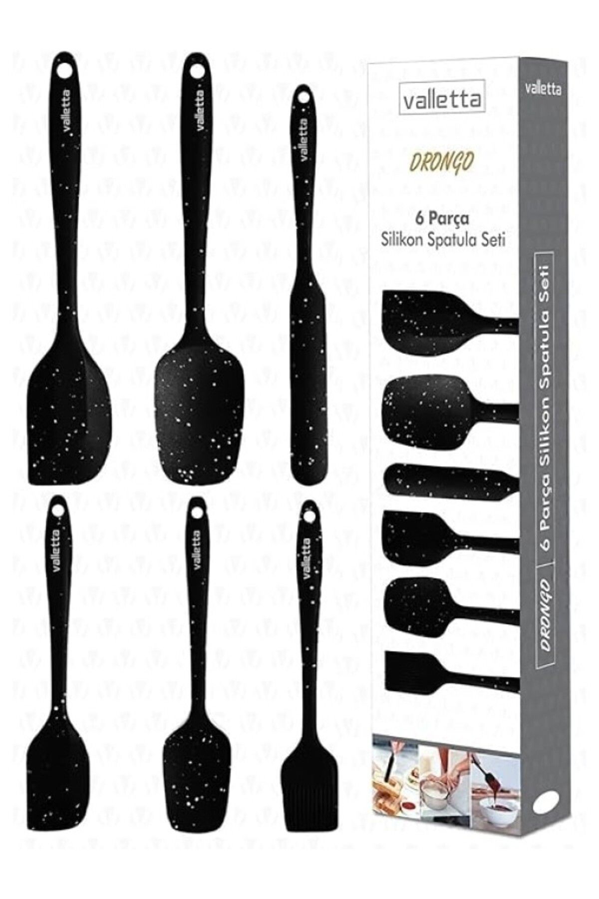 ShopZum Valletta Drongo Isıya Dayanıklı Yanmaz Yapışmaz Silikon Spatula Seti 6 Parça Siyah Noktalı