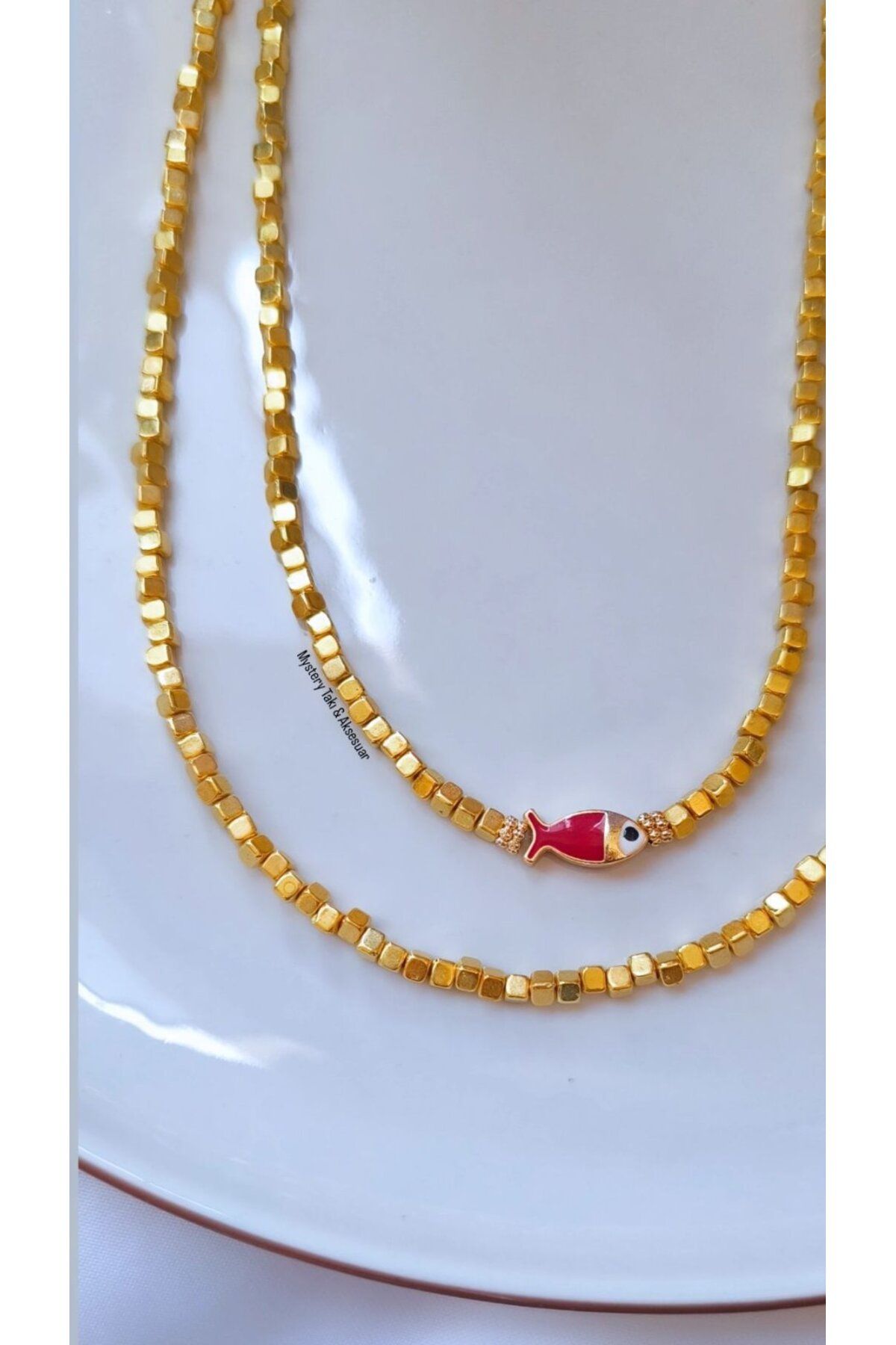 MYSTERY TAKI AKSESUAR KÜP GOLD BONCUK CHARM 2'Lİ KOLYE