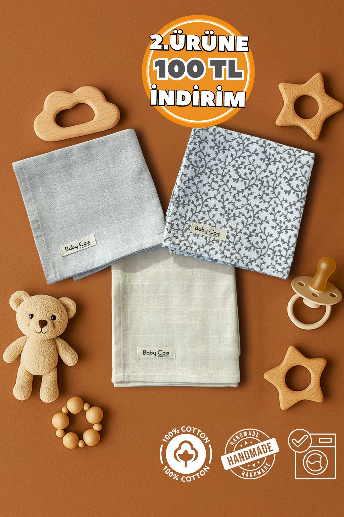 Baby Cais Collection Çok Amaçlı Müslin Örtü & Battaniye 3'lü Set %100 Pamuk Oeko-teks Sertifikalı