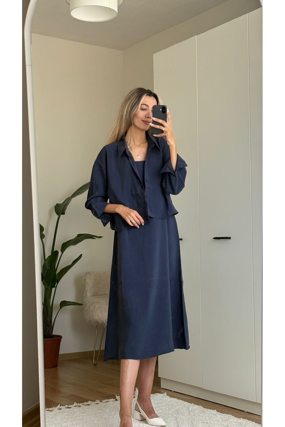 MODA Lacivert İp Askılı Elbise Gömlek Takım