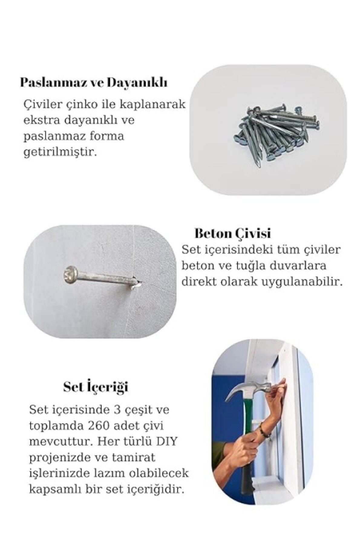 ShopZum Netzerkoz 260 Adet Paslanmaz Beton Çivisi Seti - 3 Çeşit Çelik Beton, Duvar, Parke Çivisi