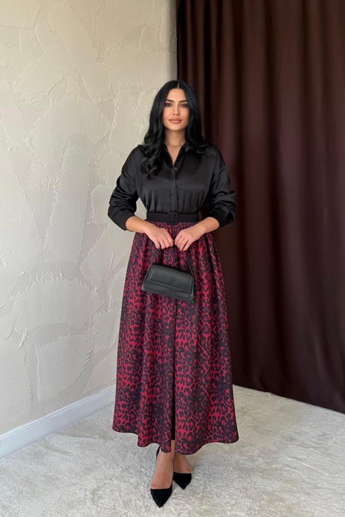 DEAG Bordo Leopar Büzgülü Uzun Etek