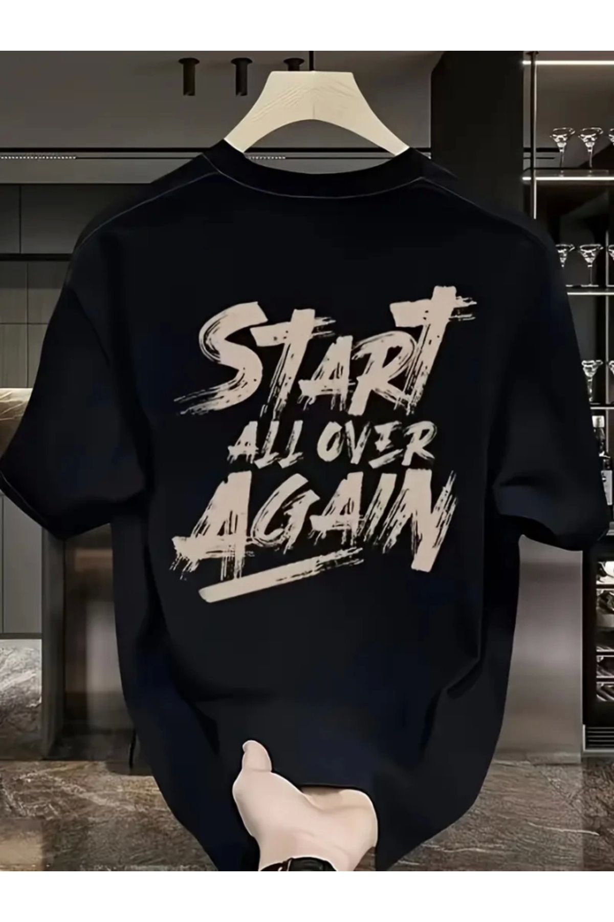 DEAG Baskılı Oversize Bisiklet Yaka T-shirt - Siyah