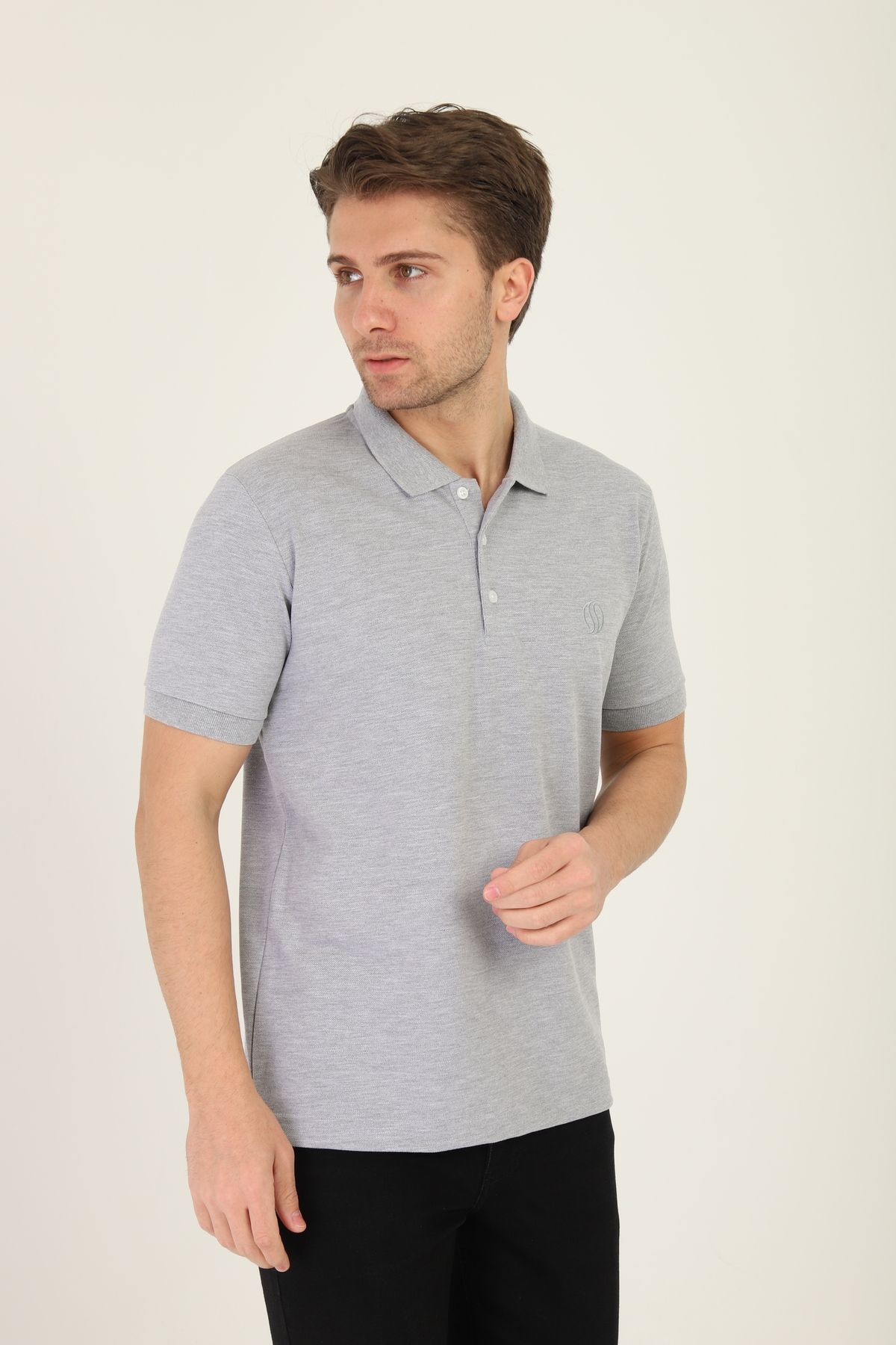 Mavi Soles Erkek Polo Yaka T-shirt - Düz Gri, Regular Fit, %100 Pamuk