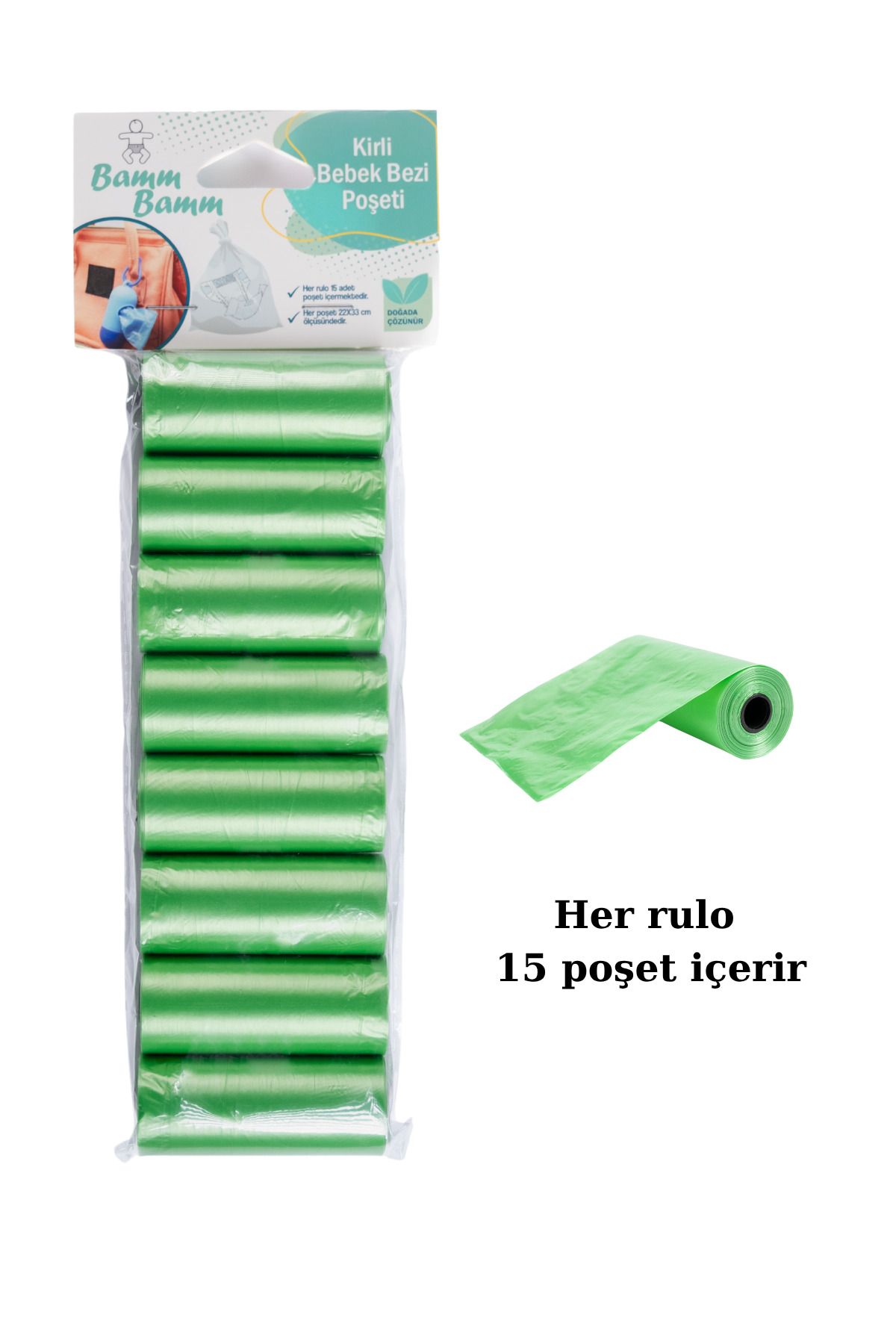 BAMM BAMM Kirli Bebek Bezi Poşeti Çanta Boy Yeşil 8 Rulo (120 Adet)