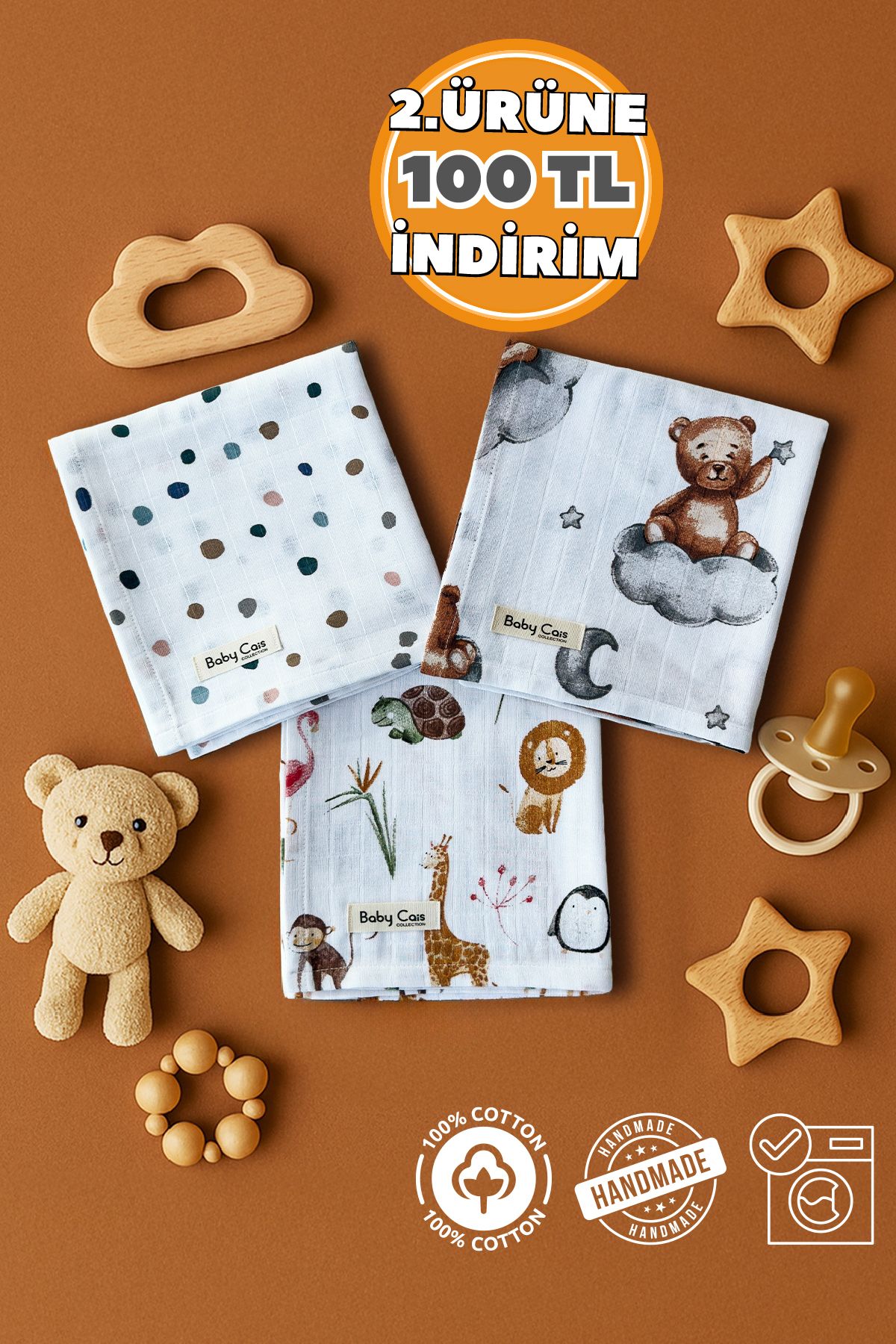 Baby Cais Collection Çok Amaçlı Müslin Örtü & Battaniye 3'lü Set %100 Pamuk Oeko-teks Sertifikalı