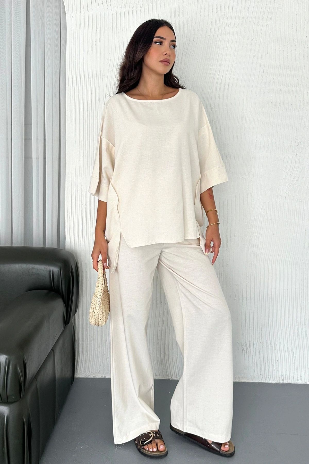 Meine Liebe Unterwäsche Oversize Keten Takım – Kadın Yazlık Rahat Kalıp 2’li Kombin