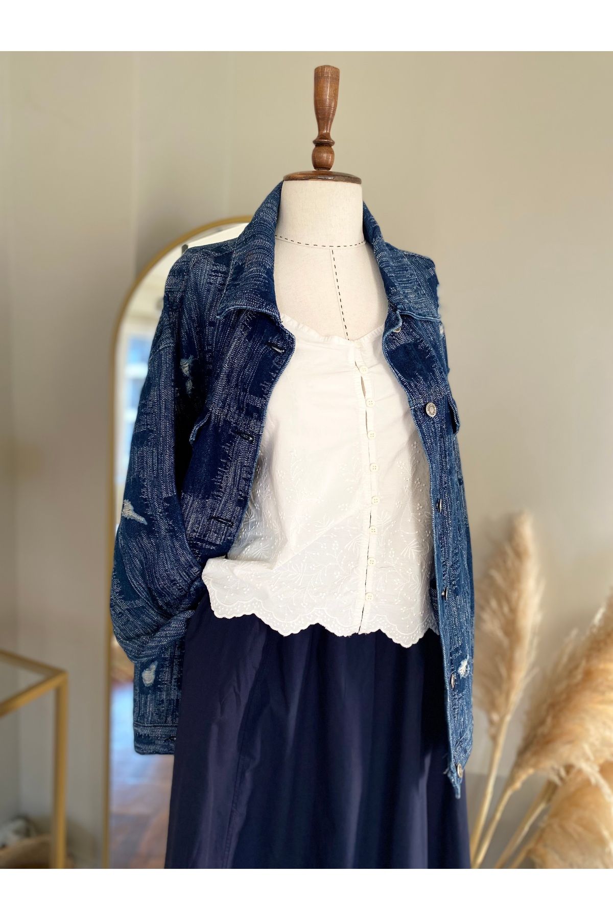 Peja Butik Yırtıklı Model Lacivert Uzun Kot Ceket