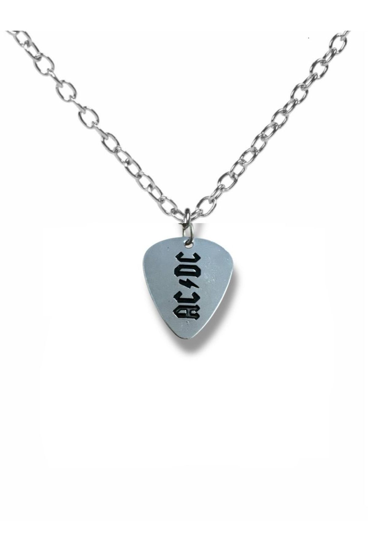 Herşey Nota AC/DC Hard Rock Grubu Pena Şeklinde Çift Taraflı Rock İşaretli Metal Zincirli Unisex Kolye