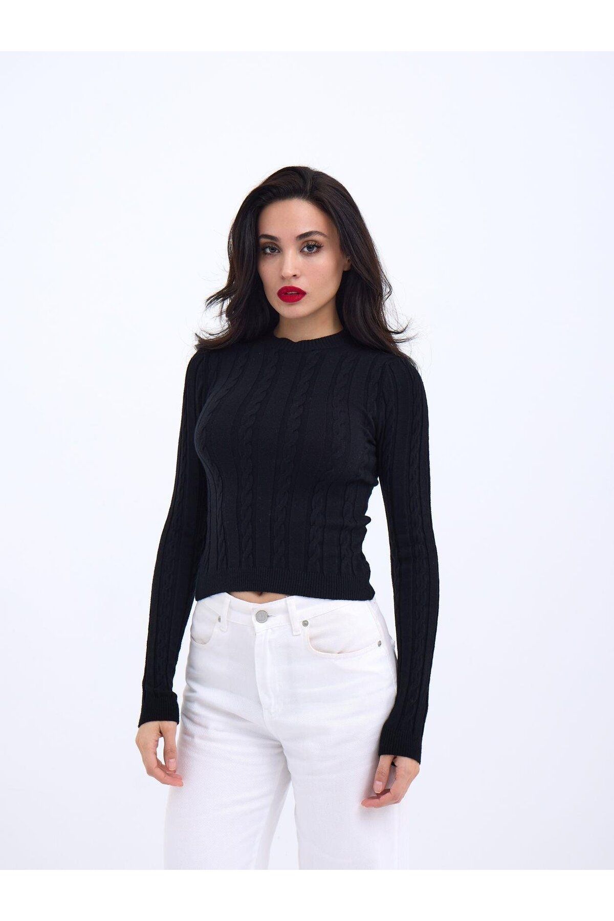 DEAG 42491 TRİKO SAÇ ÖRGÜ CROP KAZAK-SİYAH