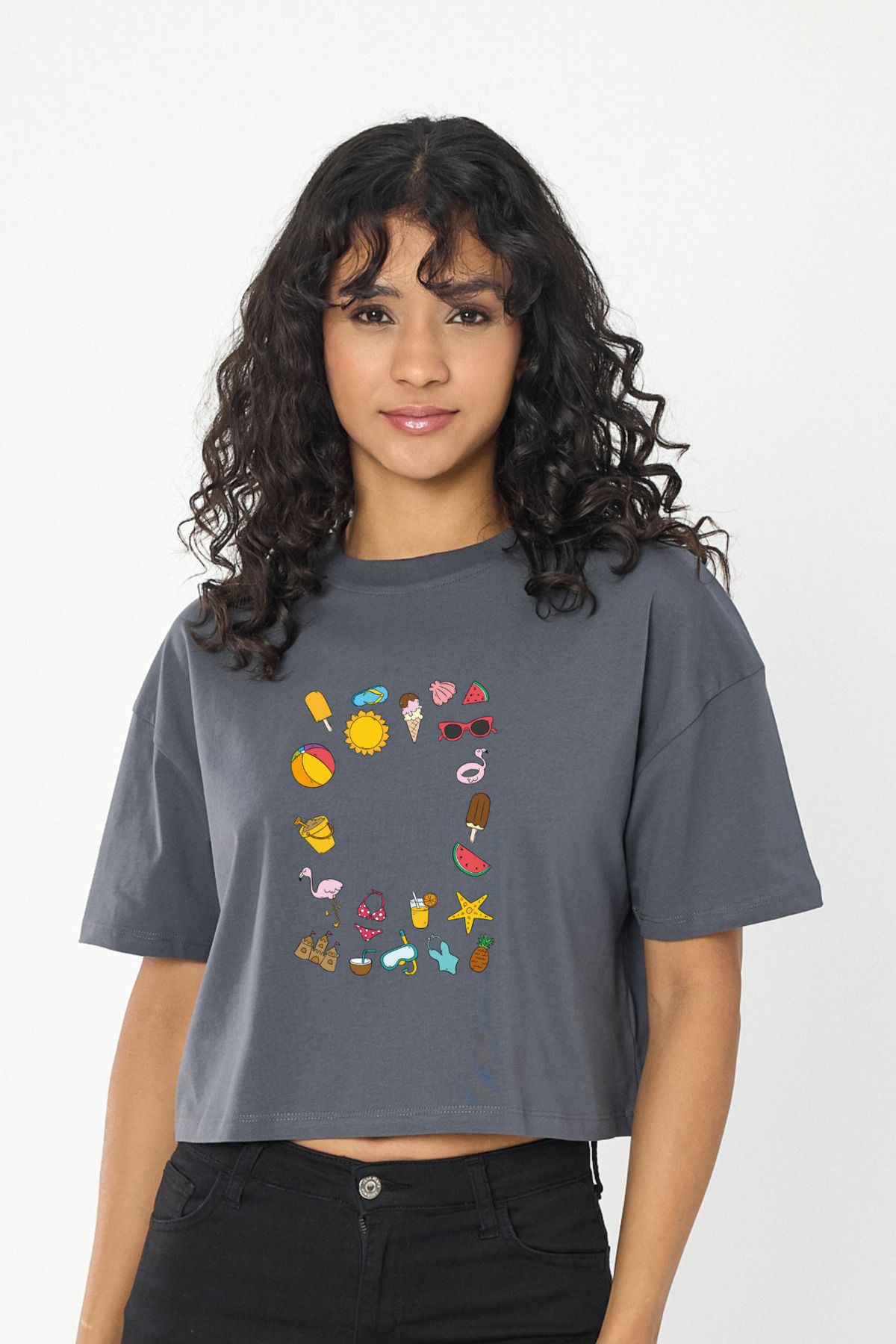 Windy Island Kadın Bisiklet Yaka Yaz Temalı Baskılı Crop T-shirt