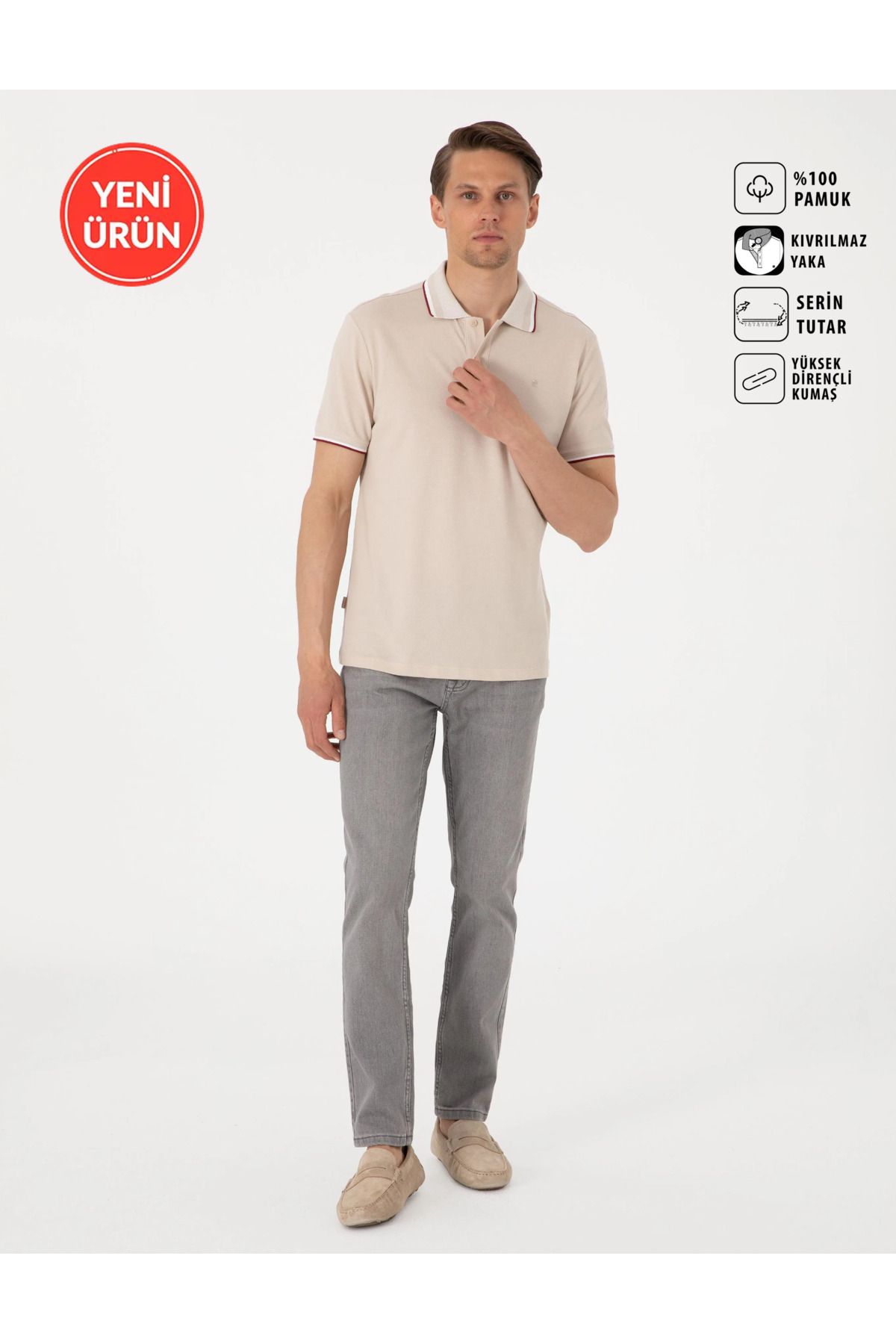 Pierre Cardin Bej Slim Fit Polo Yaka T-Shirt