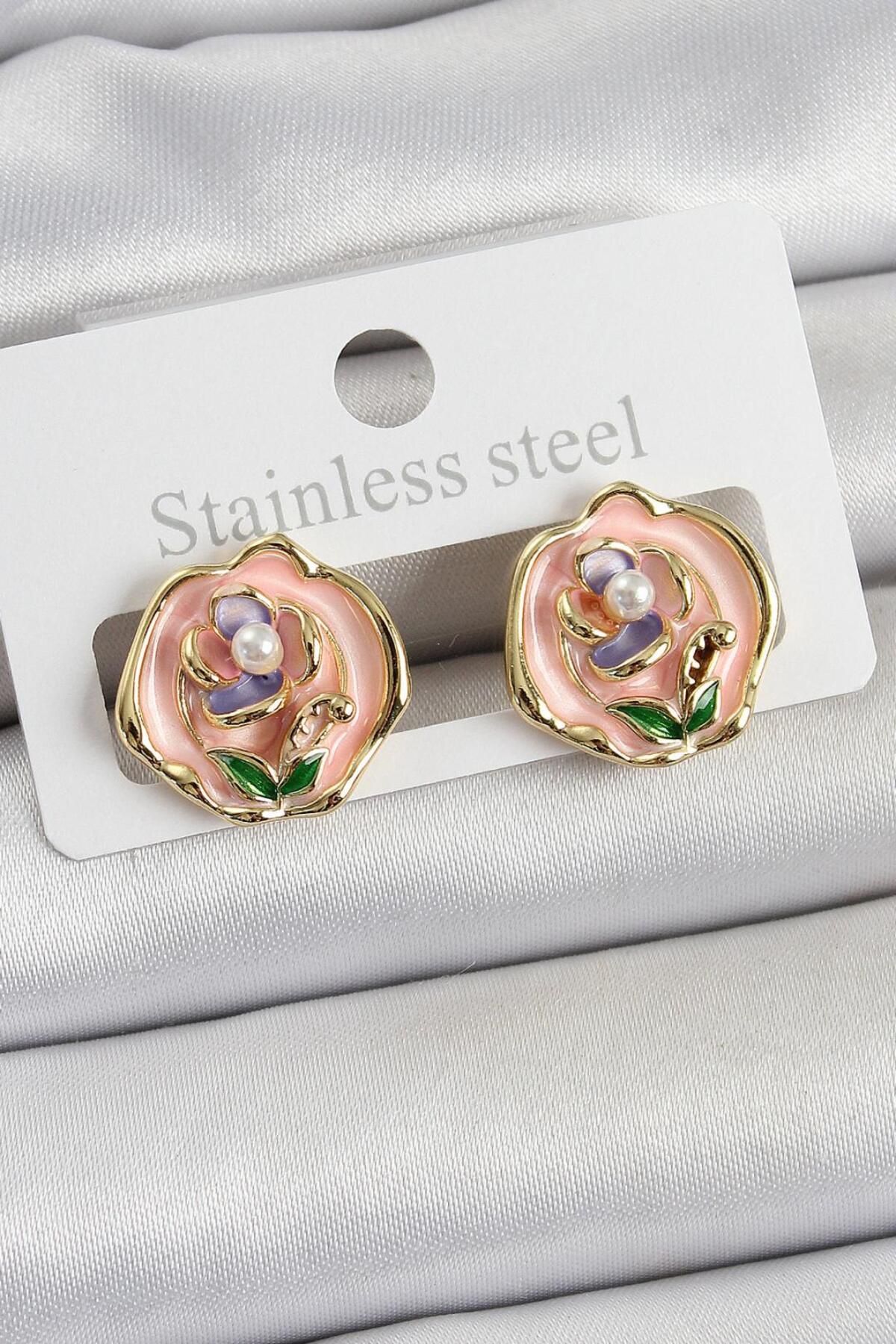 AfraBeauty 925 Ayar Pembe Mineli Çiçek Figürlü Sanatsal Portre Model Gold Renk Kadın Küpe