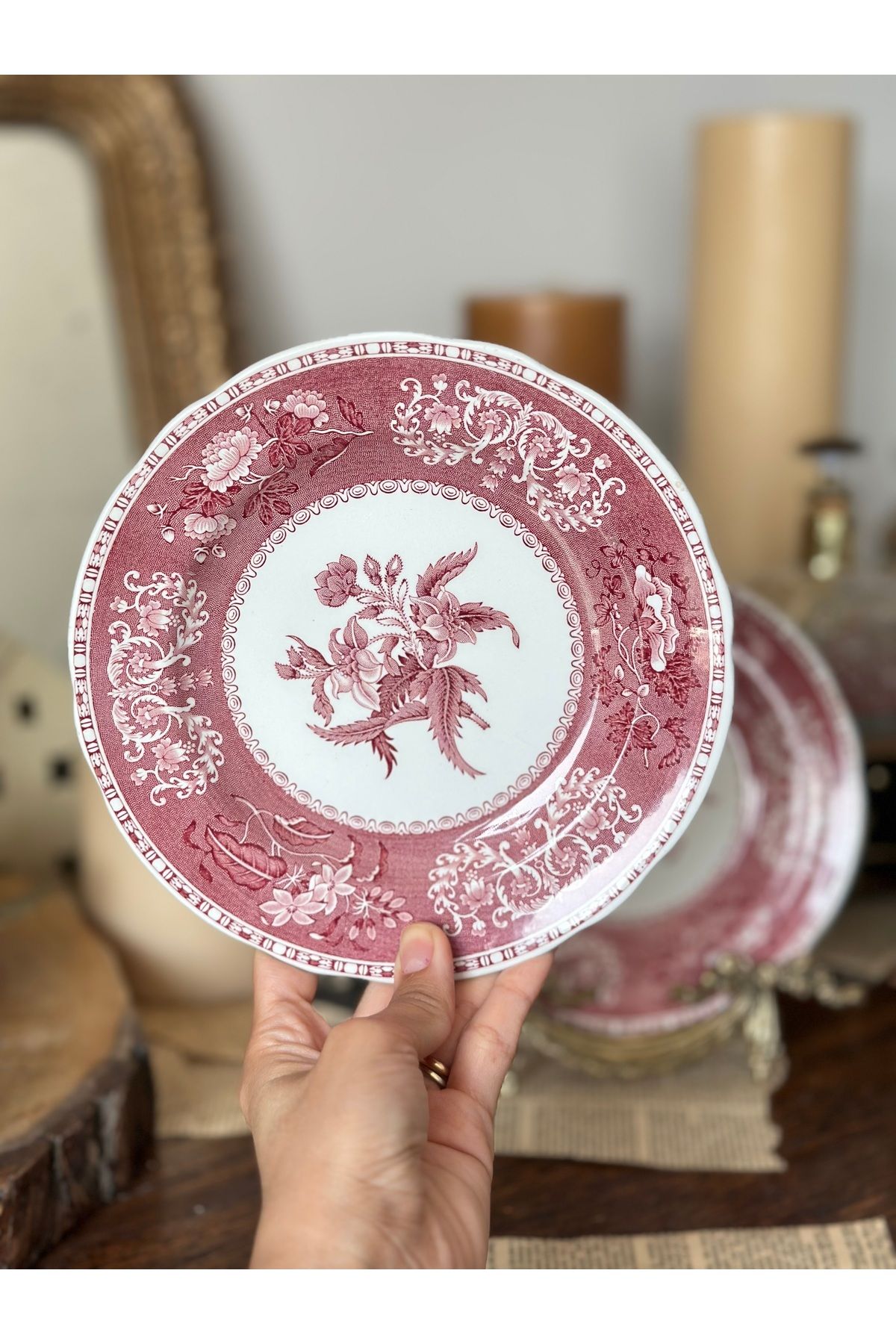 SPODE Antika Spode Pink CamillaSerisi Kırmızı Pembe Pasta Tabağı 19 cm