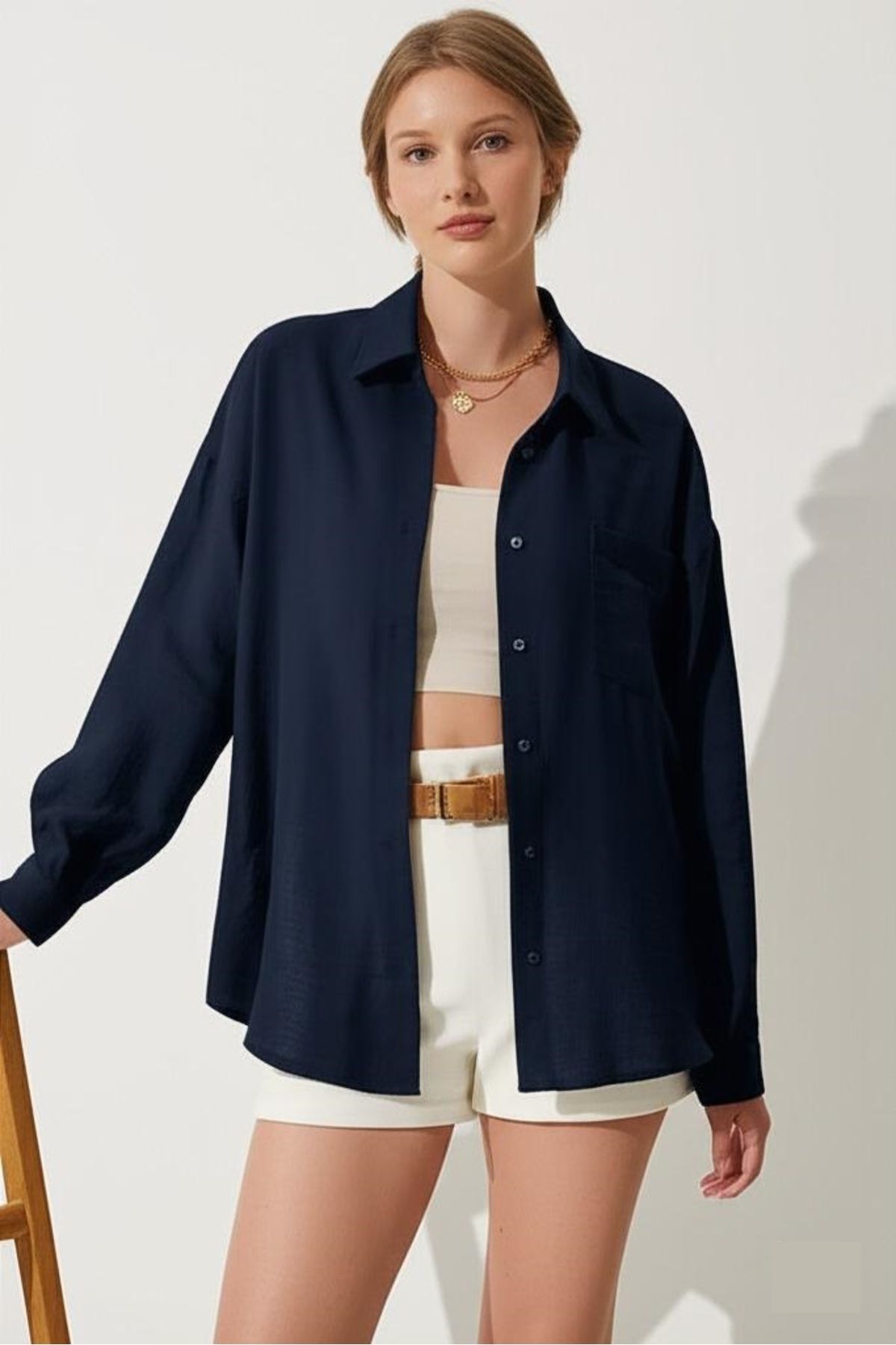 COMBİNE MİCHAİL Kadın Lacivert Oversize Keten Gömlek