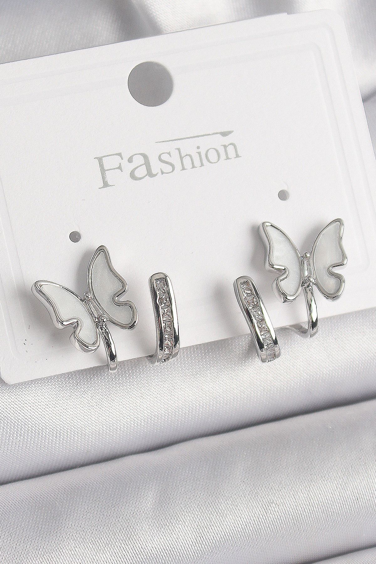 Angel Of Life Pirinç Gümüş Renk Zirkon Taş Detaylı Beyaz Sedefli Kelebek Model Kadın Küpe - TJ-BKP9869