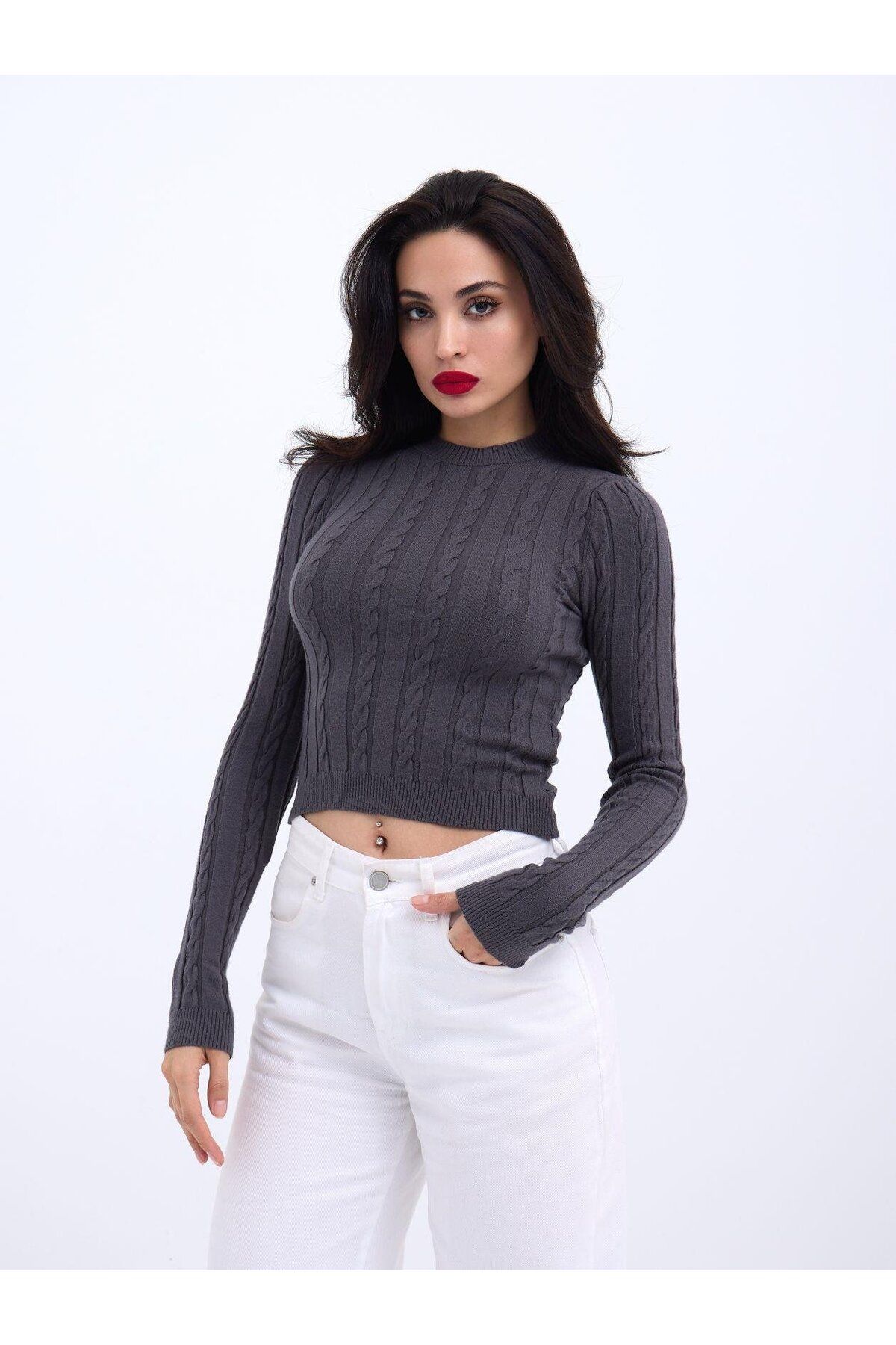 DEAG 42491 TRİKO SAÇ ÖRGÜ CROP KAZAK-ANTRASİT