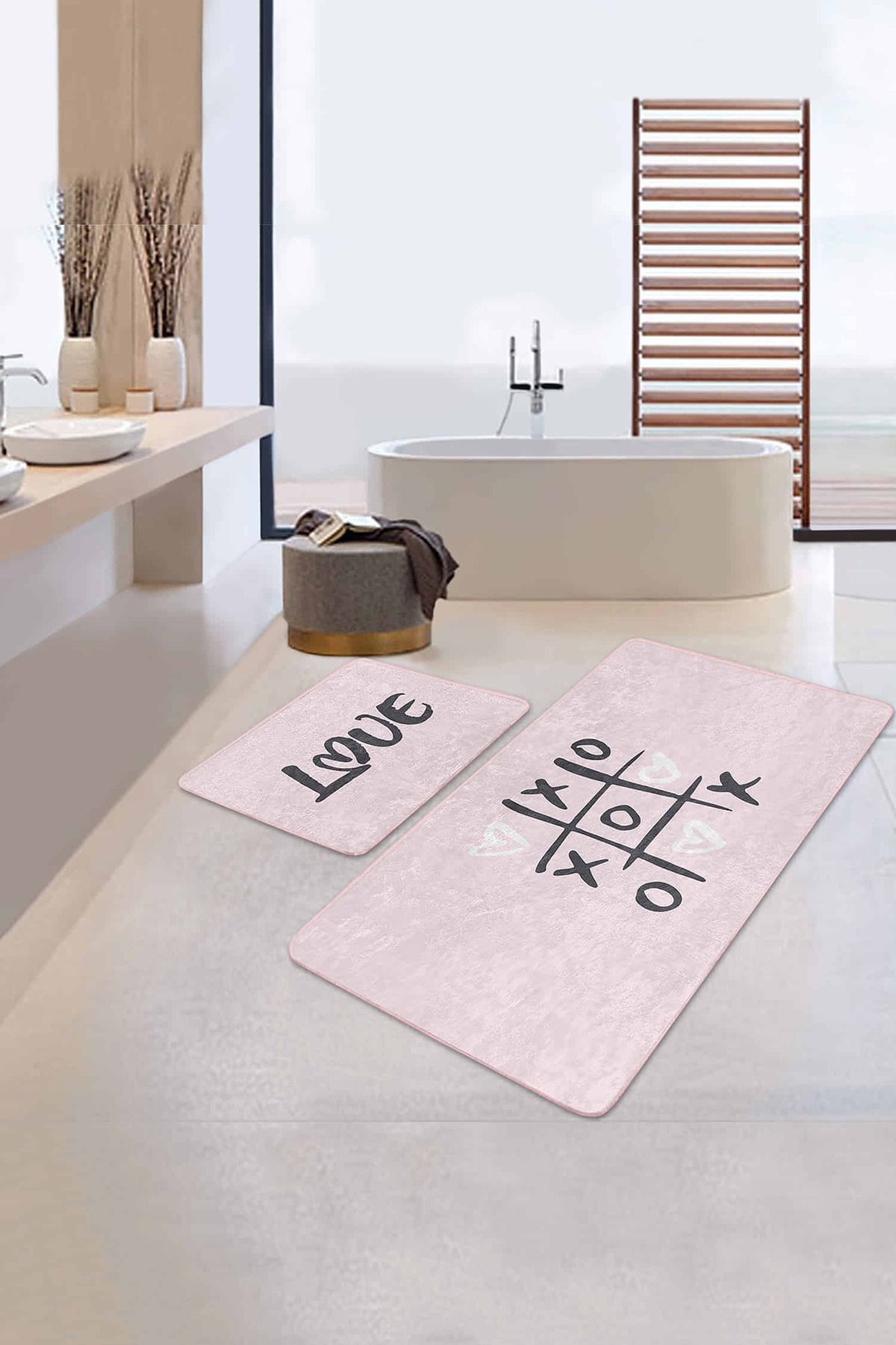 Realhomes Love Temalı Pembe Zemin Dijital Baskılı 2'li Kaymaz Tabanlı Banyo & Mutfak Paspas Takımı