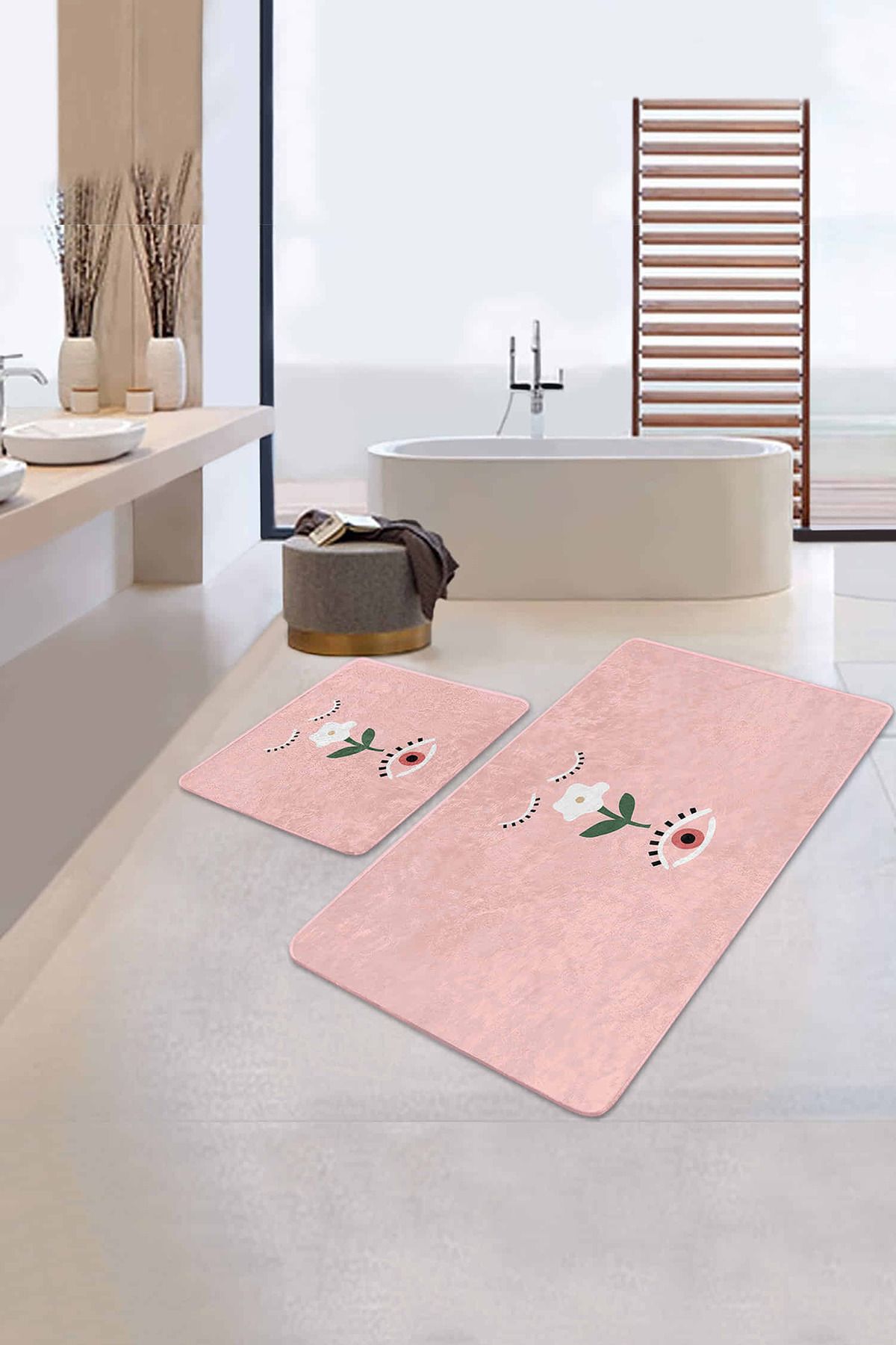 Realhomes Pembe Zemin Çiçek Detaylı Dijital Baskılı 2'li Kaymaz Tabanlı Banyo & Mutfak Paspas Takımı