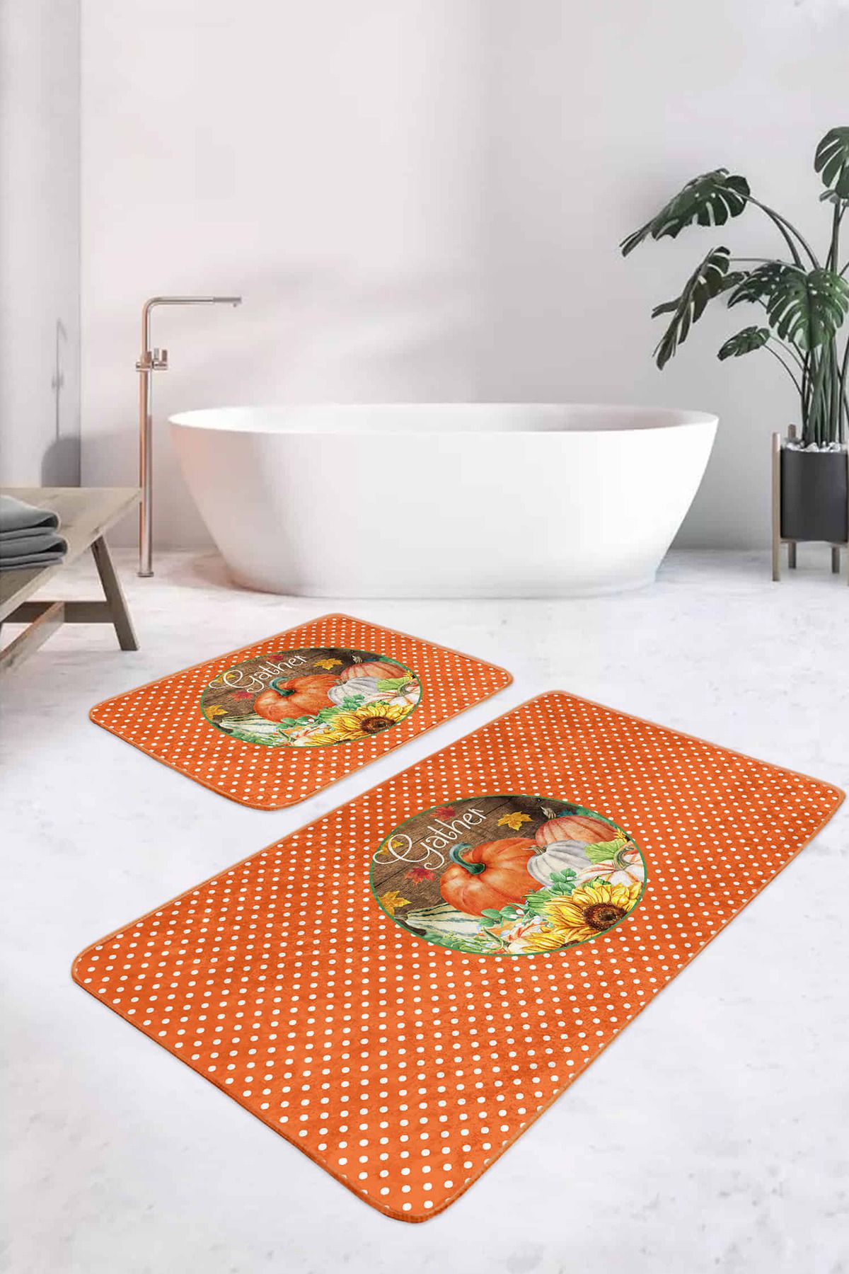 Realhomes Turuncu Puantiyeli Kabak Tasarımlı 2'li Banyo Halısı Seti & Banyo Paspas Takımı