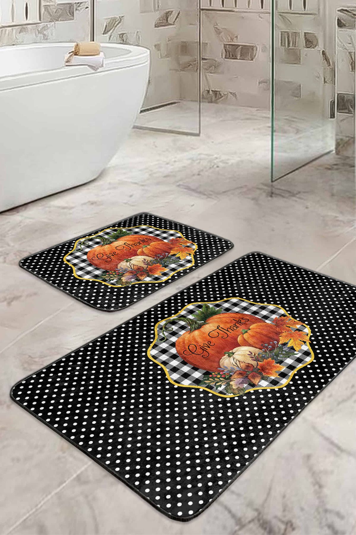 Realhomes Kabak Temalı Give Thanks Temalı 2'li Mutfak Paspas Takımı & Banyo Halısı Seti