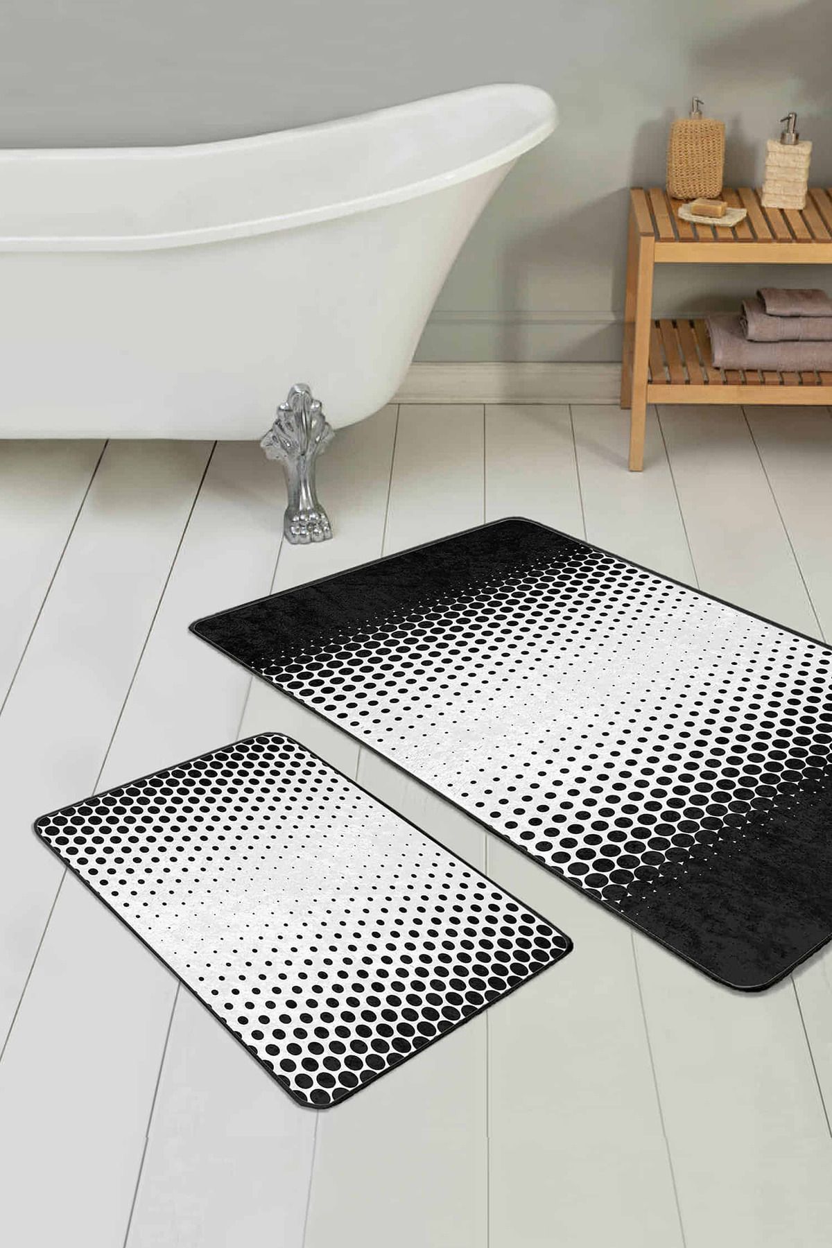 Realhomes Siyah Beyaz Akustik Gradyan Geçişli 2'li Kaymaz Tabanlı Banyo & Mutfak Paspas Takımı