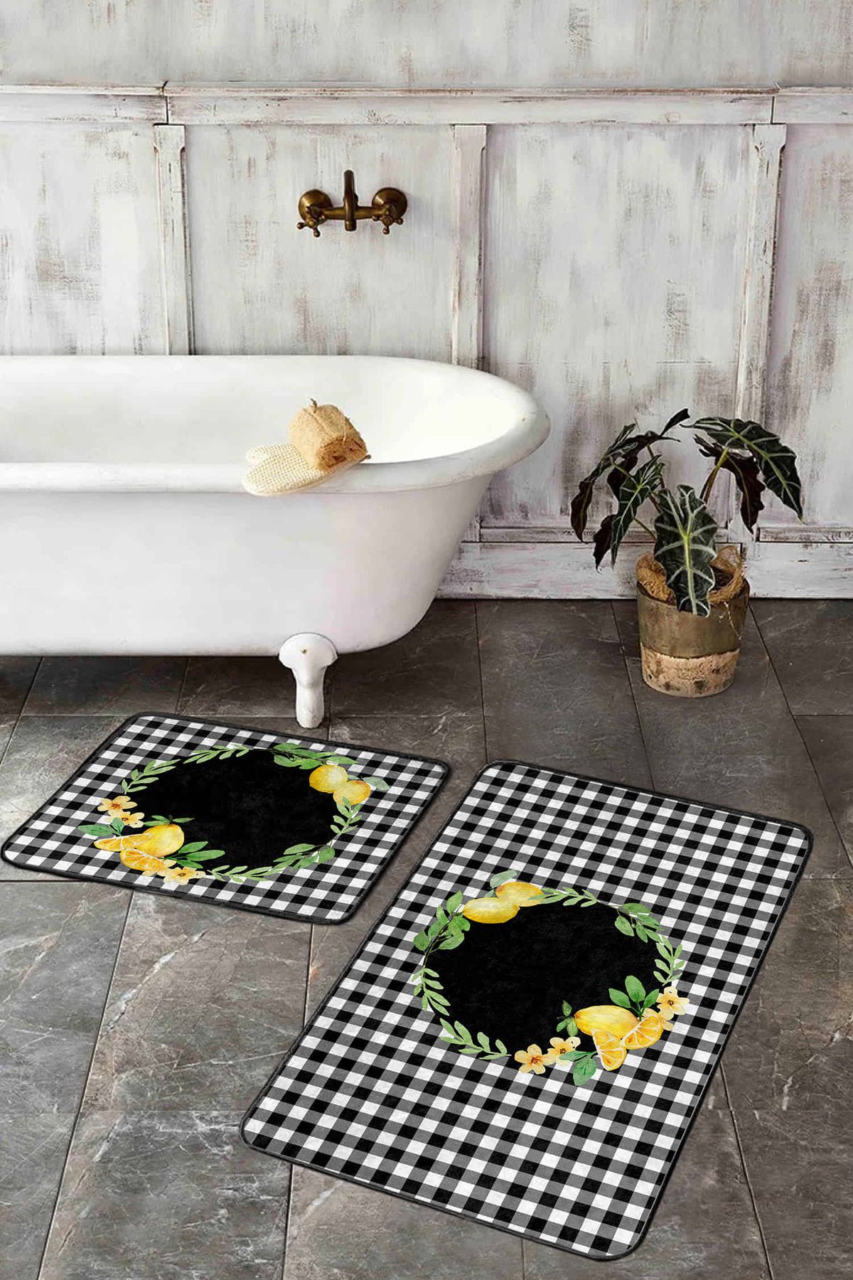 Realhomes Siyah Ekose Motifli Limon Tasarımlı 2'li Banyo Paspas Takımı & Klozet Paspas Seti