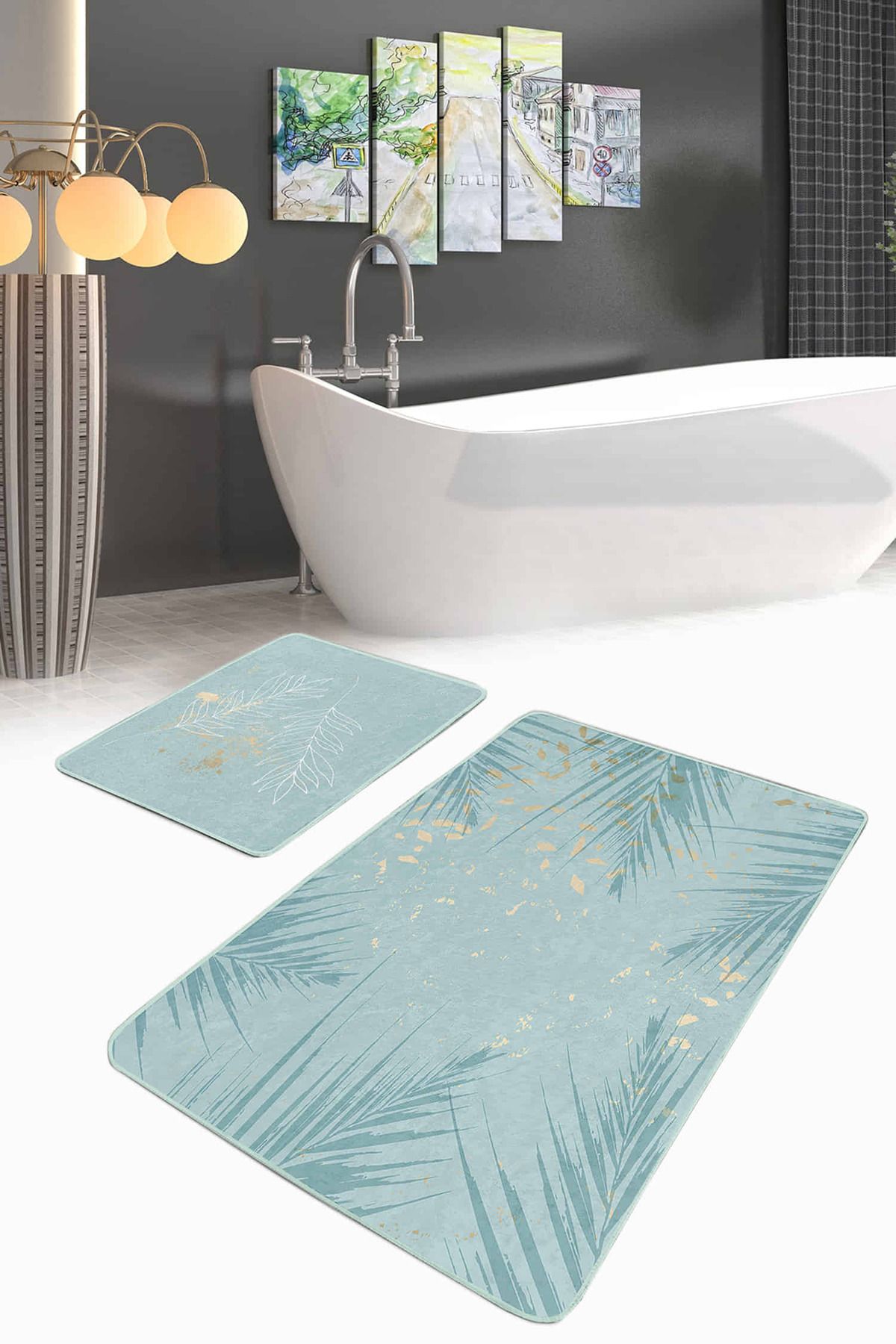 Realhomes Mint Yeşili Temalı Yaprak Desenli 2'li Kaymaz Tabanlı Banyo & Mutfak Paspas Takımı
