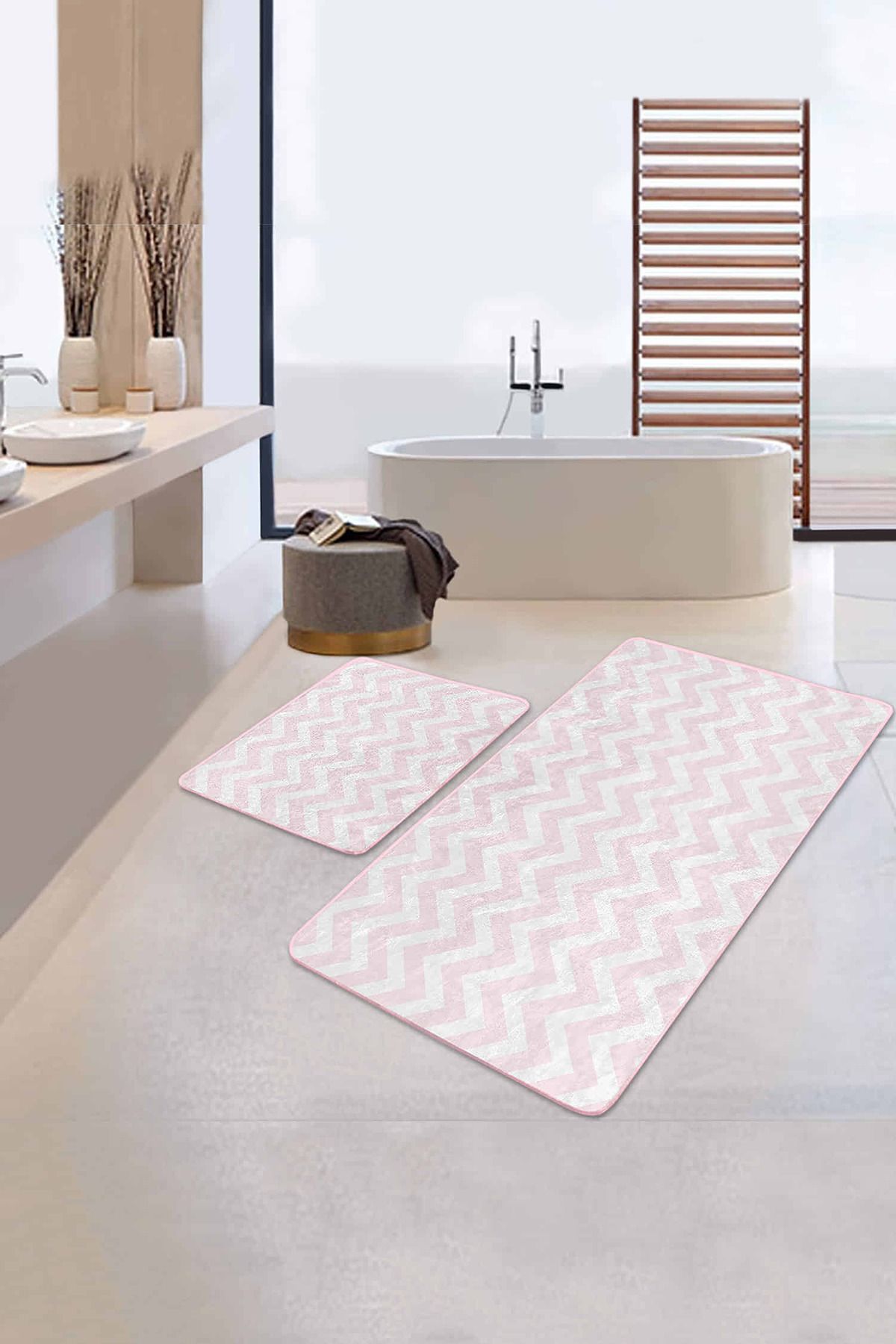 Realhomes Geometrik Pembe Zigzag Motifli 2'li Kaymaz Tabanlı Banyo & Mutfak Paspas Takımı