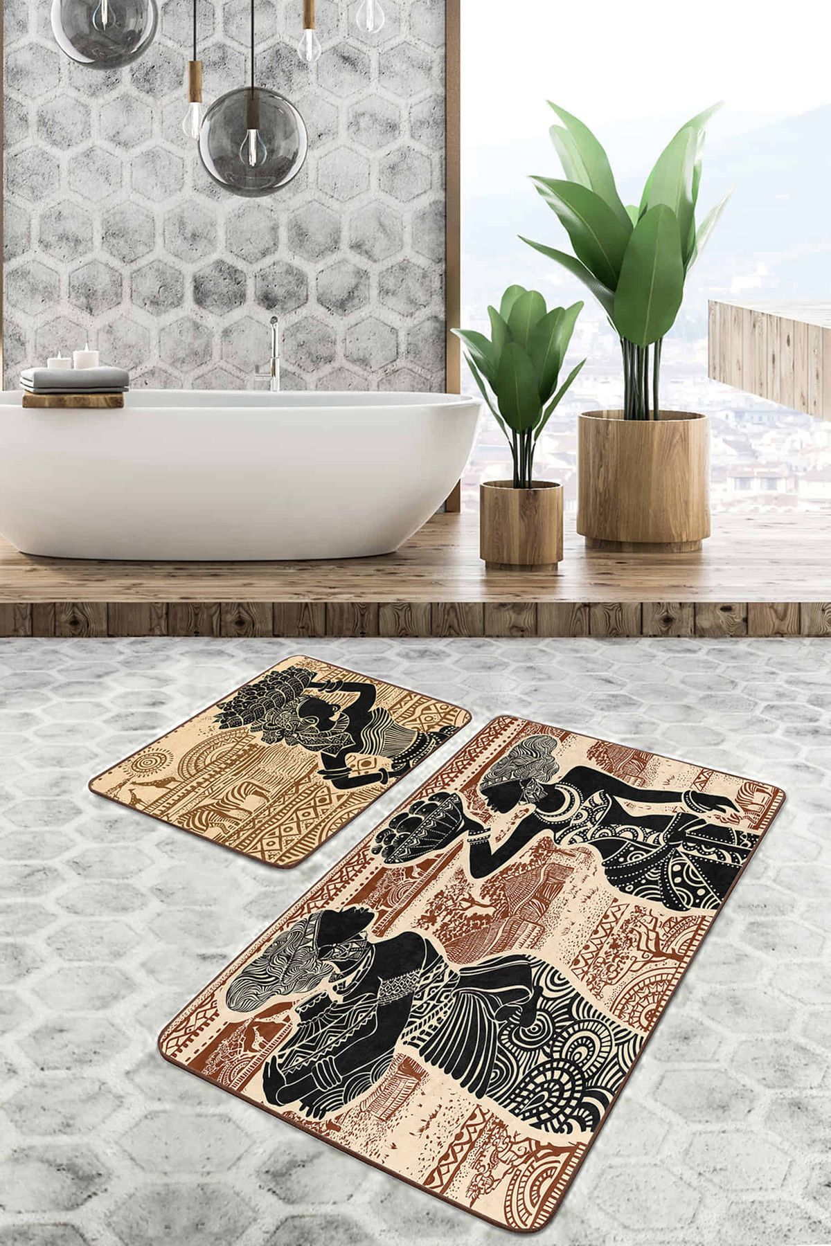 Realhomes Kahverengi Etnik Afrika Kadın Tasarımlı 2'li Kaymaz Tabanlı Banyo & Mutfak Paspas Takımı