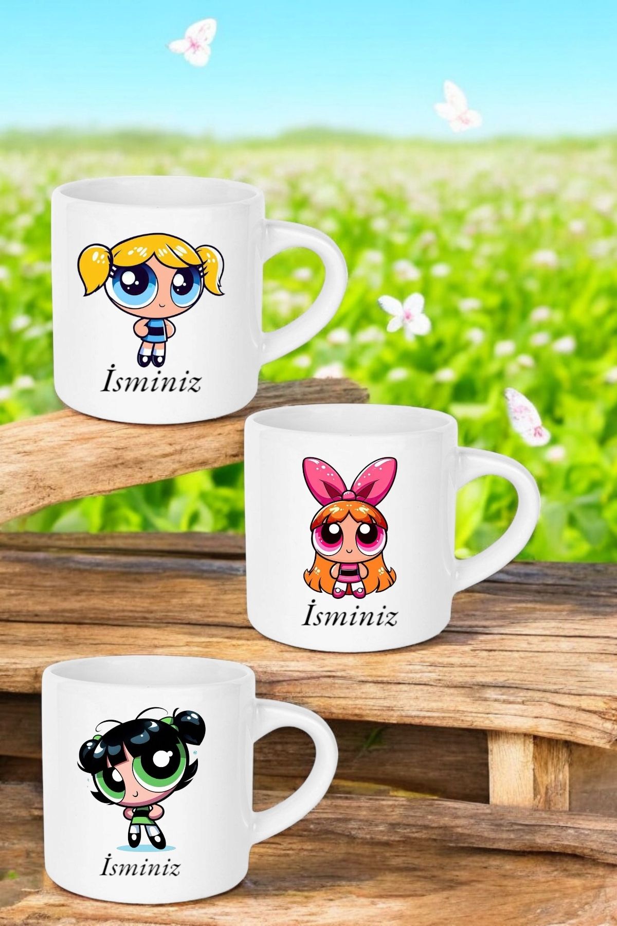 Gzl55 Kişiye Özel Powerpuff Girls Baskılı 3'lü Porselen fincan Seti