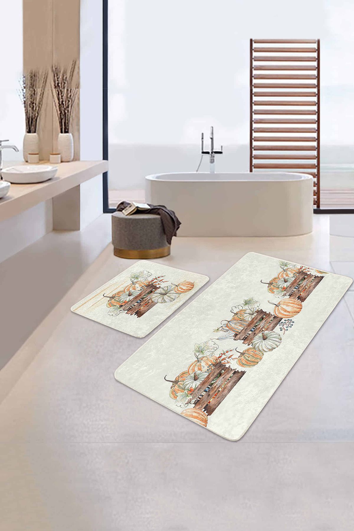 Realhomes Kabak Eskitme Motifli Dijital Baskılı 2'li Kaymaz Tabanlı Banyo & Mutfak Paspas Takımı