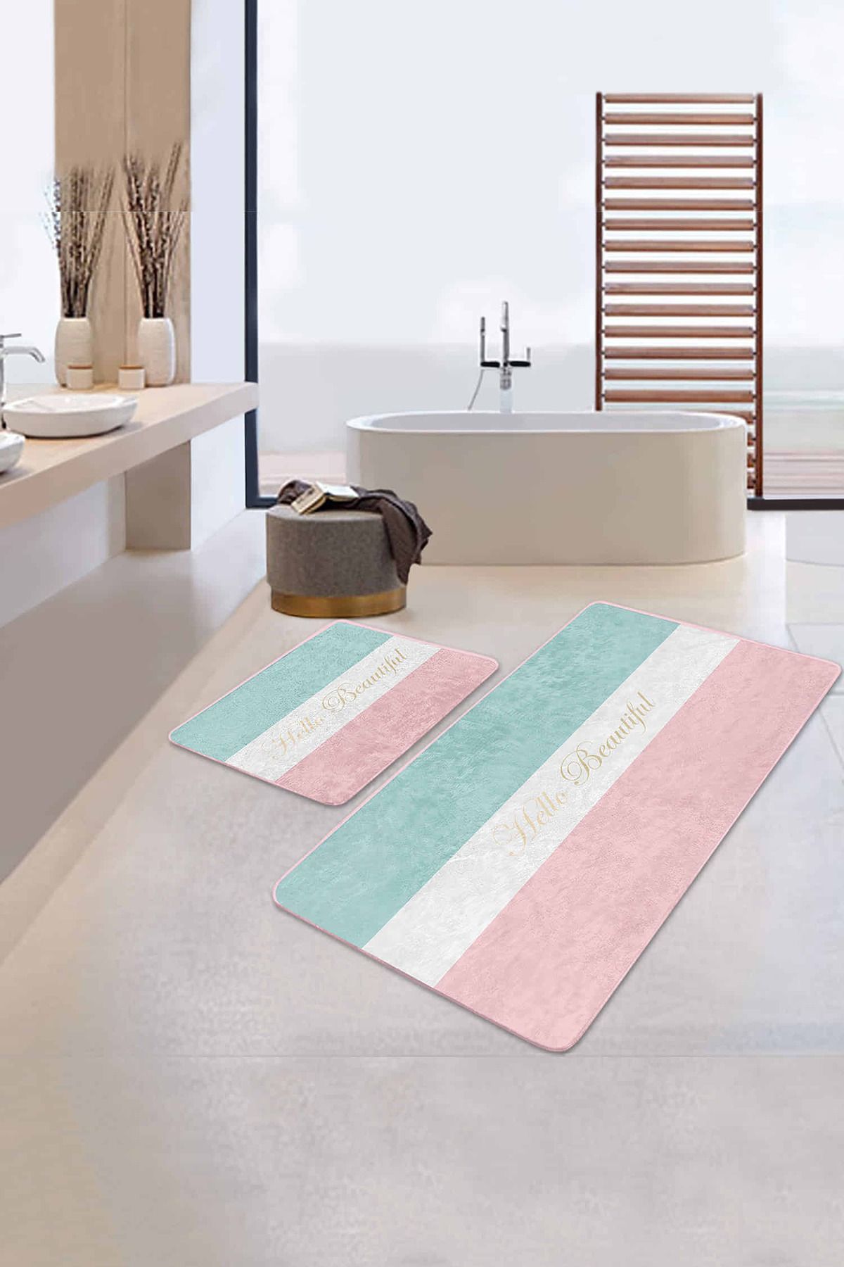 Realhomes Soft Renkli Hello Beatiful Temalı 2'li Kaymaz Tabanlı Banyo & Mutfak Paspas Takımı
