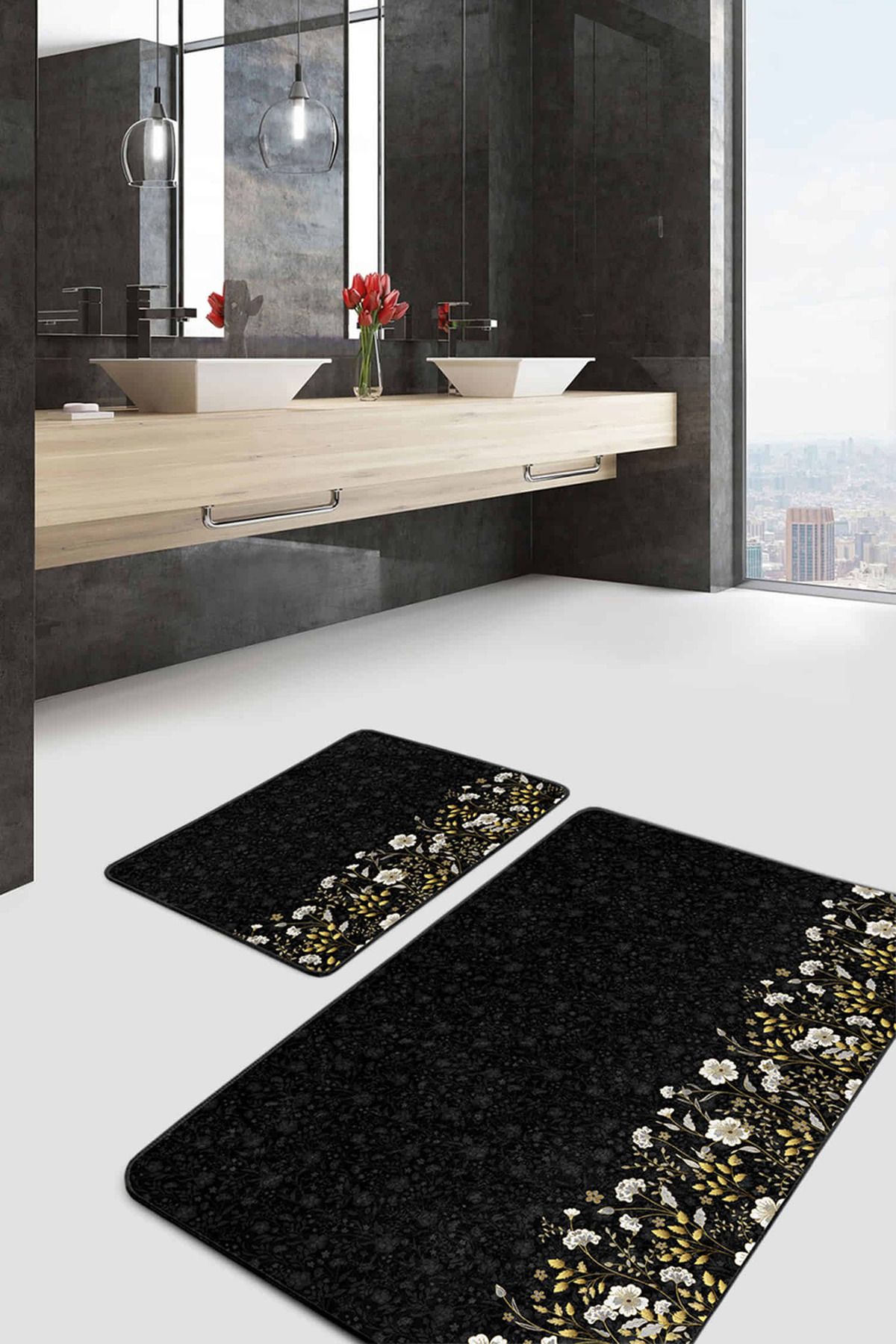 Realhomes Siyah Zemin Gold Detaylı Çiçekler Dijital Baskılı 2'li Kaymaz Tabanlı Banyo & Mutfak Paspas Takımı