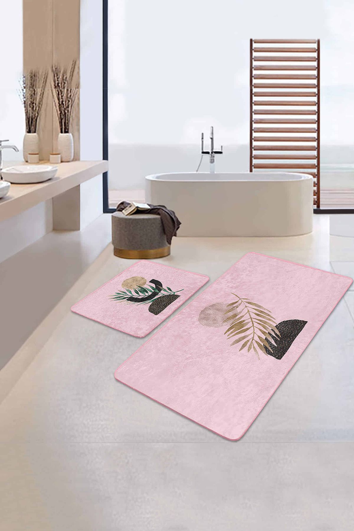 Realhomes Pembe Zemin Bohem Tropik Yaprak Tasarımlı 2'li Kaymaz Tabanlı Banyo & Mutfak Paspas Takımı