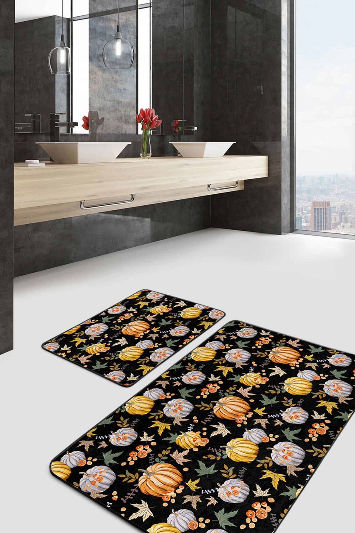 Realhomes Siyah Zemin Kabak & Yaprak Motifli 2'li Kaymaz Tabanlı Banyo & Mutfak Paspas Takımı
