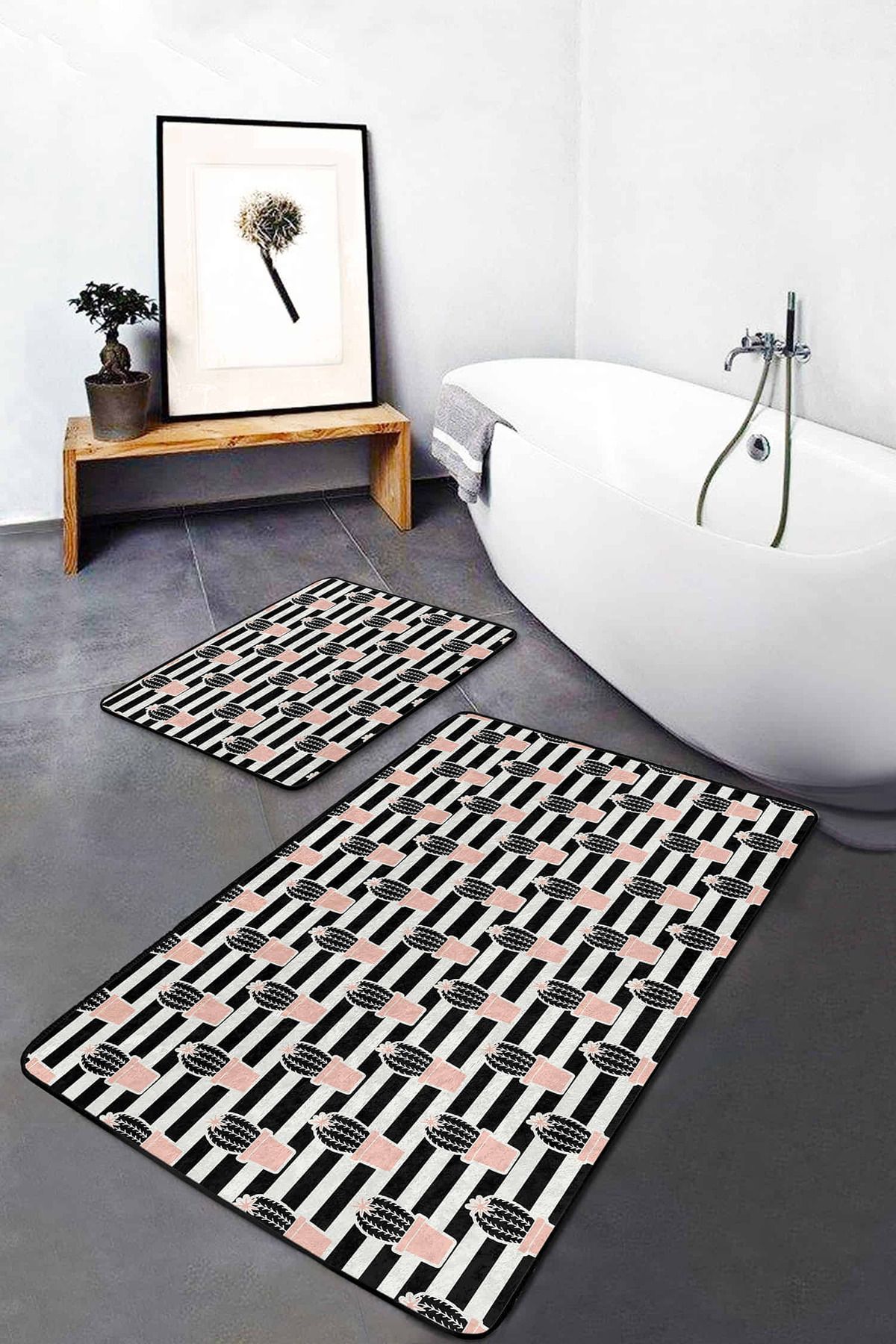 Realhomes Siyah Beyaz Çizgili Kaktüs Motifli 2'li Kaymaz Tabanlı Banyo & Mutfak Paspas Takımı