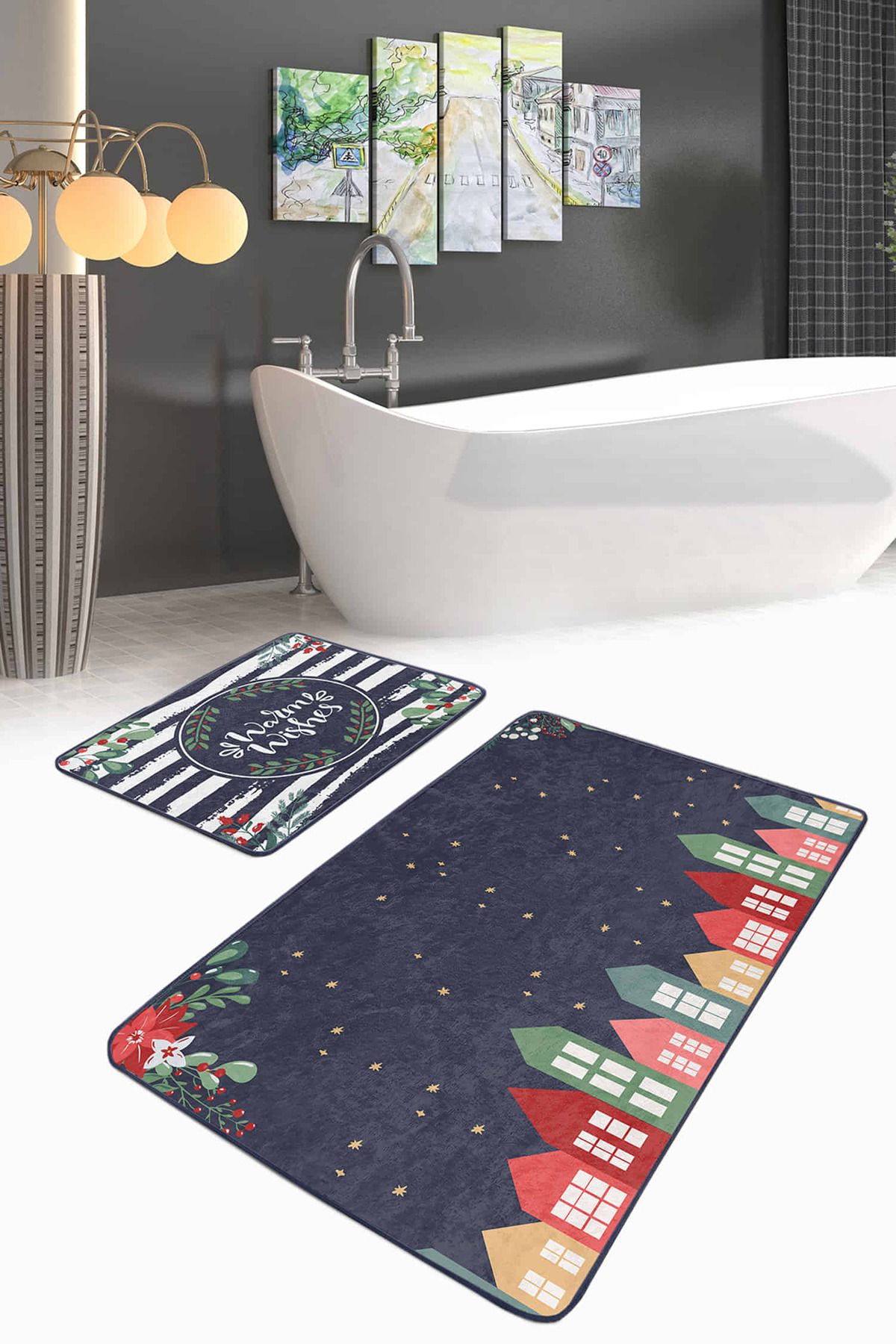 Realhomes Lacivert Zeminli Renkli Evler Özel Tasarım 2'li Kaymaz Tabanlı Banyo & Mutfak Paspas Takımı