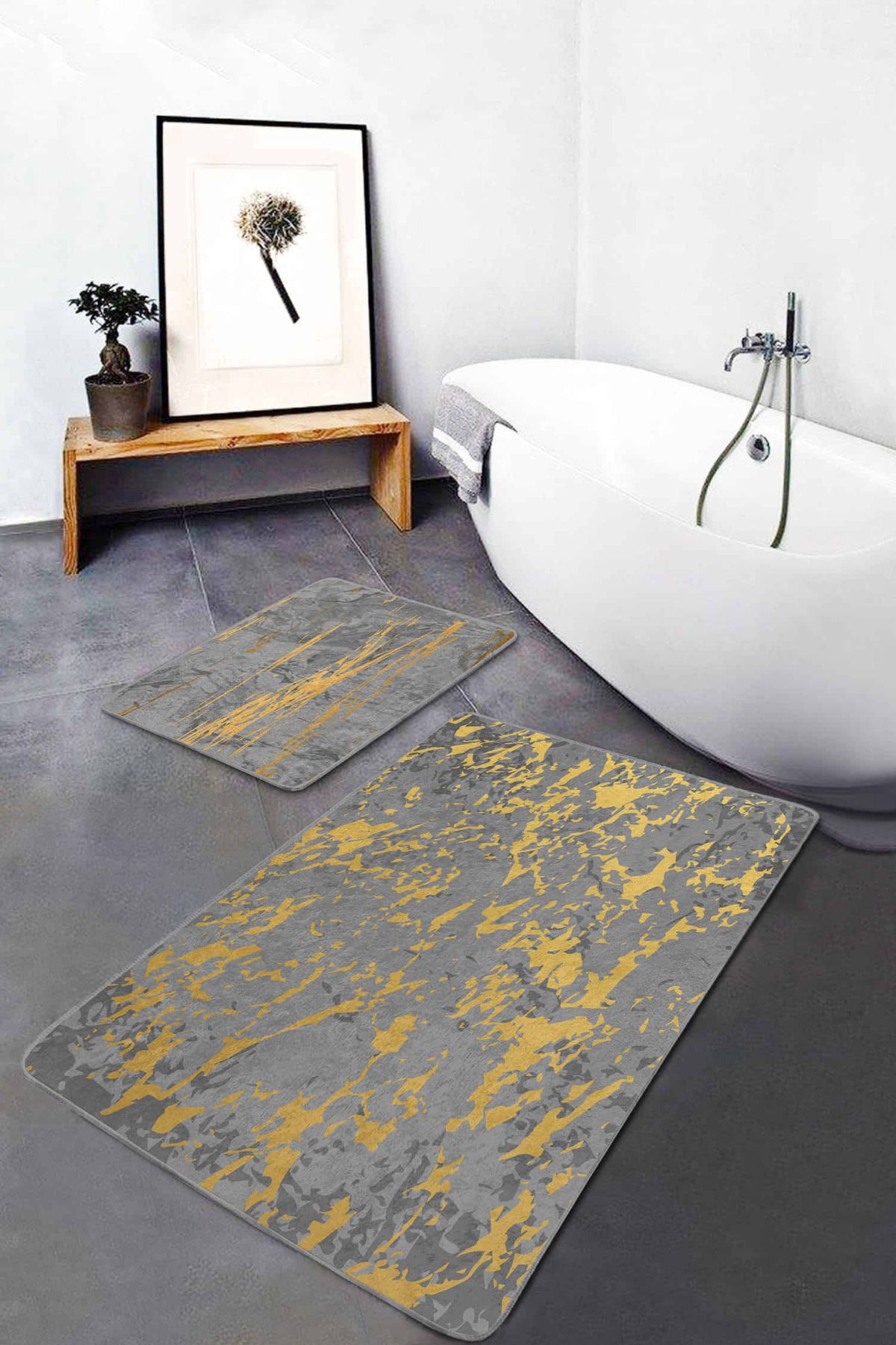 Realhomes Gri Gold Detaylı Mermer Motifli 2'li Kaymaz Tabanlı Banyo & Mutfak Paspas Takımı