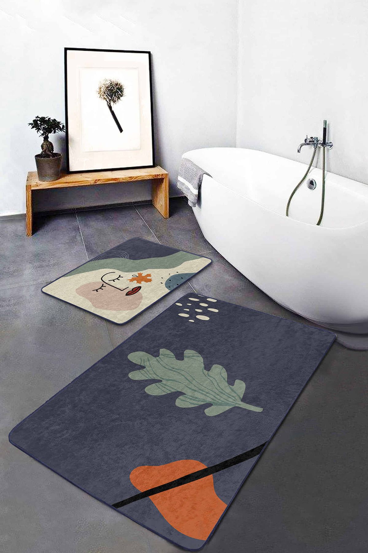 Realhomes Soyut Tasarımlı Onedraw Motifli Dijital Baskılı 2'li Kaymaz Tabanlı Banyo & Mutfak Paspas Takımı