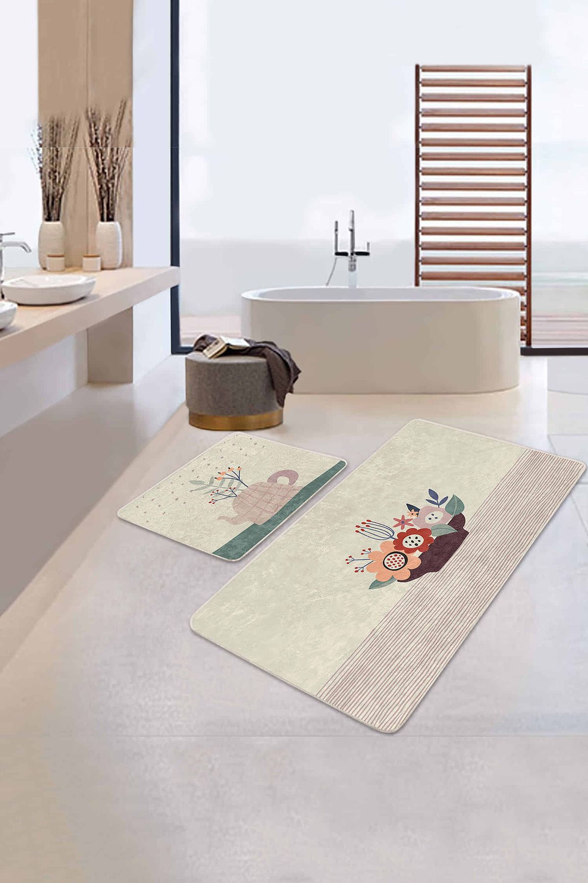 Realhomes Vazo Çiçek Demetleri Özel Tasarımlı 2'li Kaymaz Tabanlı Banyo & Mutfak Paspas Takımı
