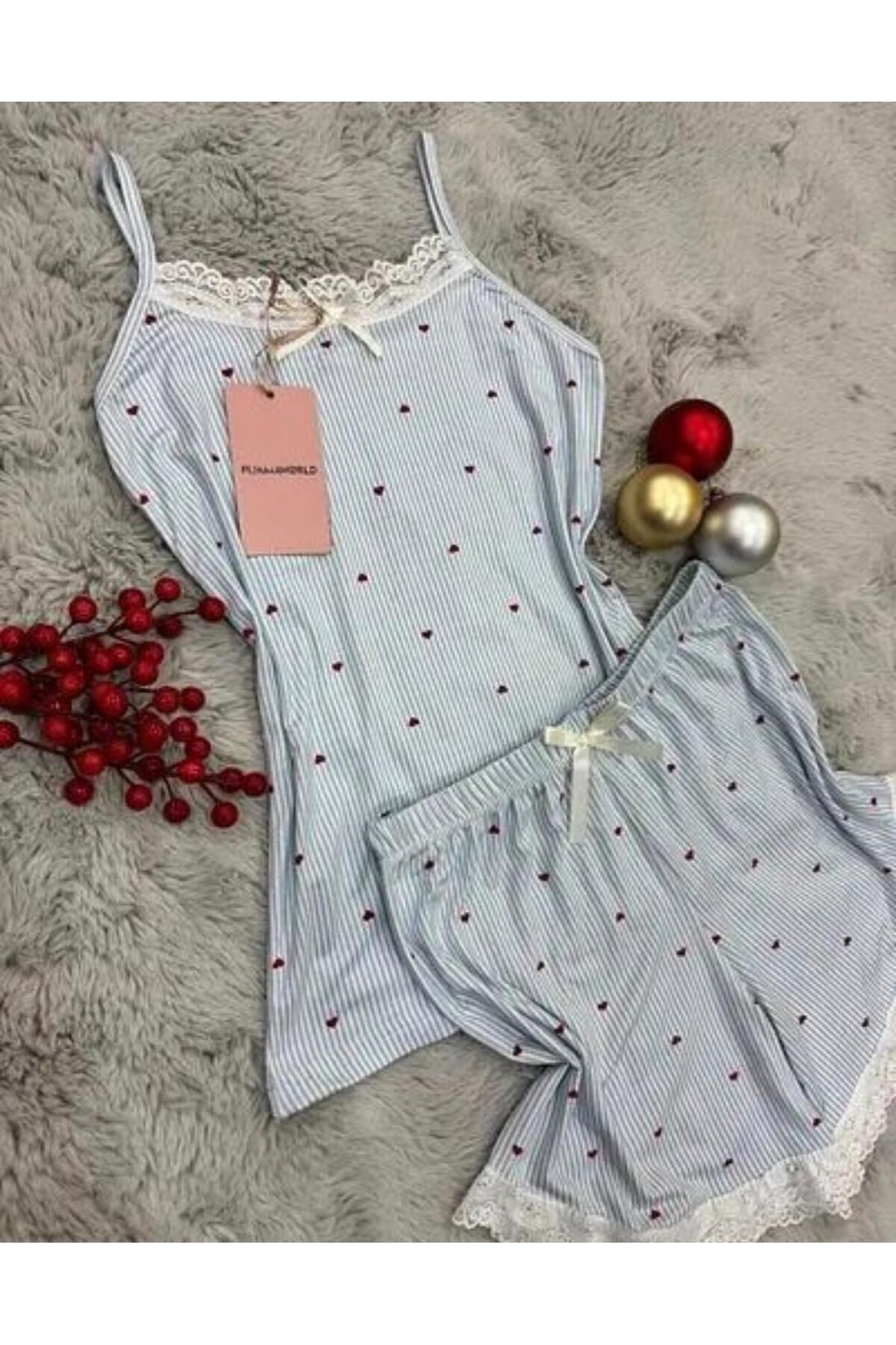 BOYRAZ Milan Kumaş Ip Askılı Şortlu Yazlık Pijama Takımı Mavi