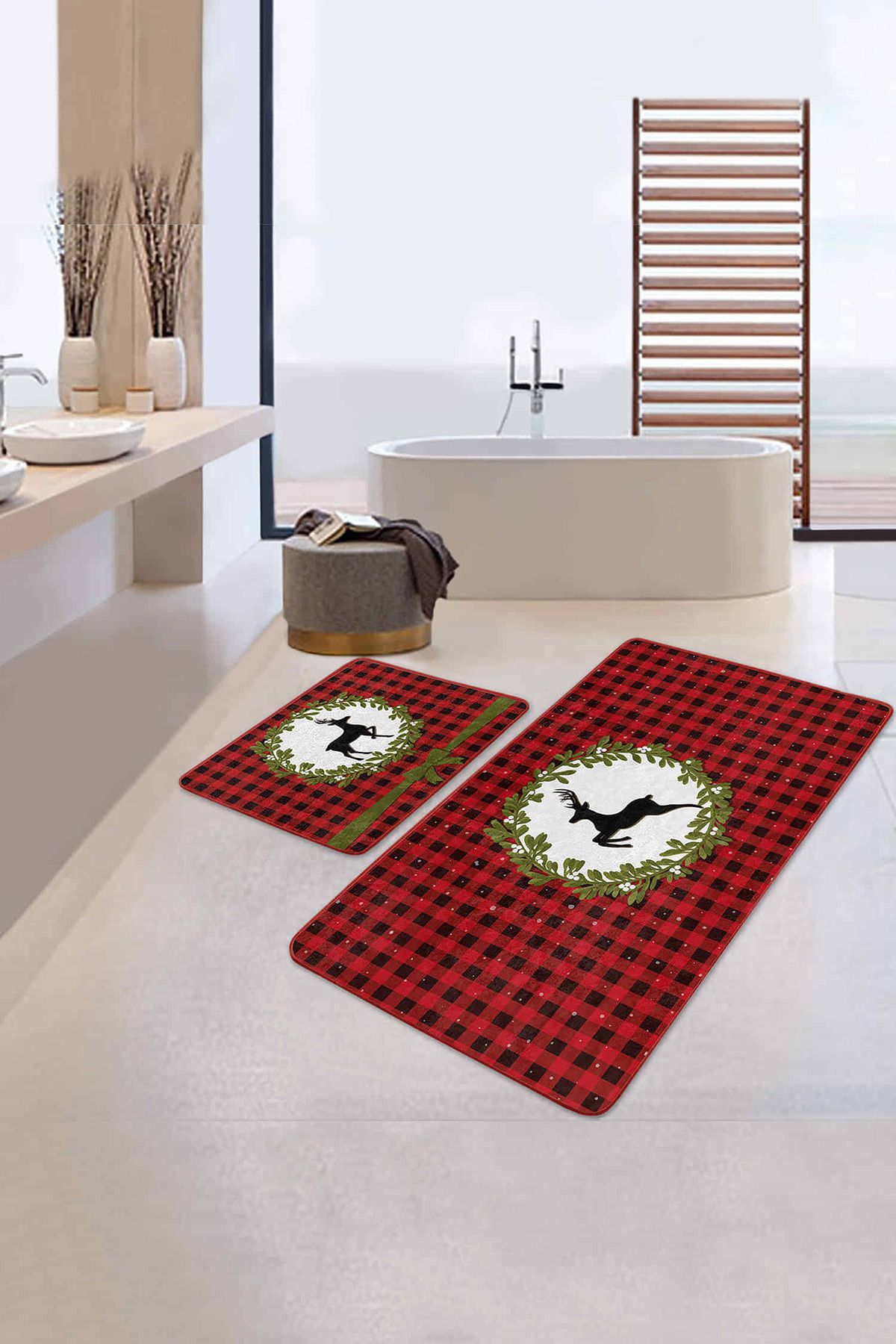 Realhomes Kırmızı Ekose Motifli Yılbaşı Temalı Geyik 2'li Kaymaz Tabanlı Banyo & Mutfak Paspas Takımı