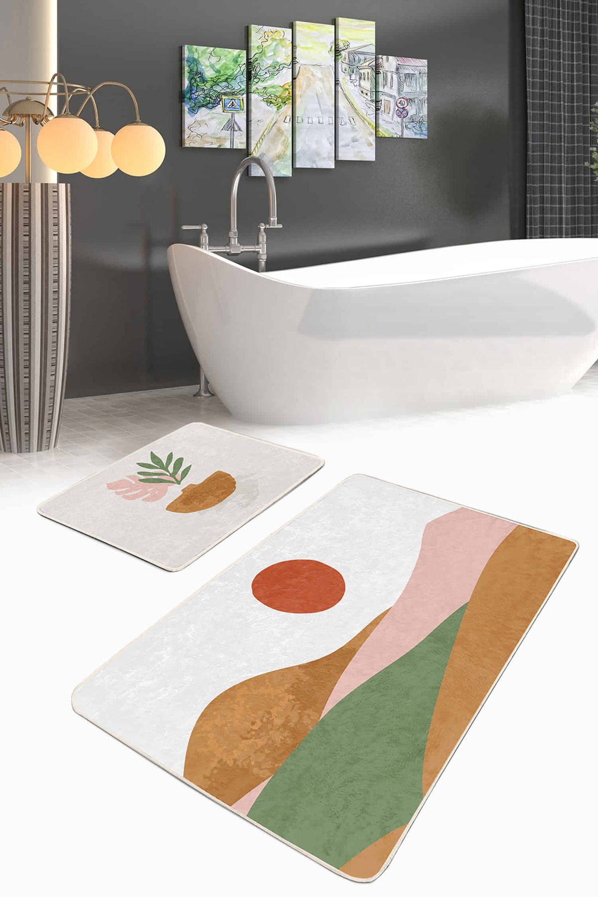 Realhomes Pastel Renkli Zemin Onedraw Çizimli Dijital Baskılı 2'li Kaymaz Tabanlı Banyo & Mutfak Paspas Takımı