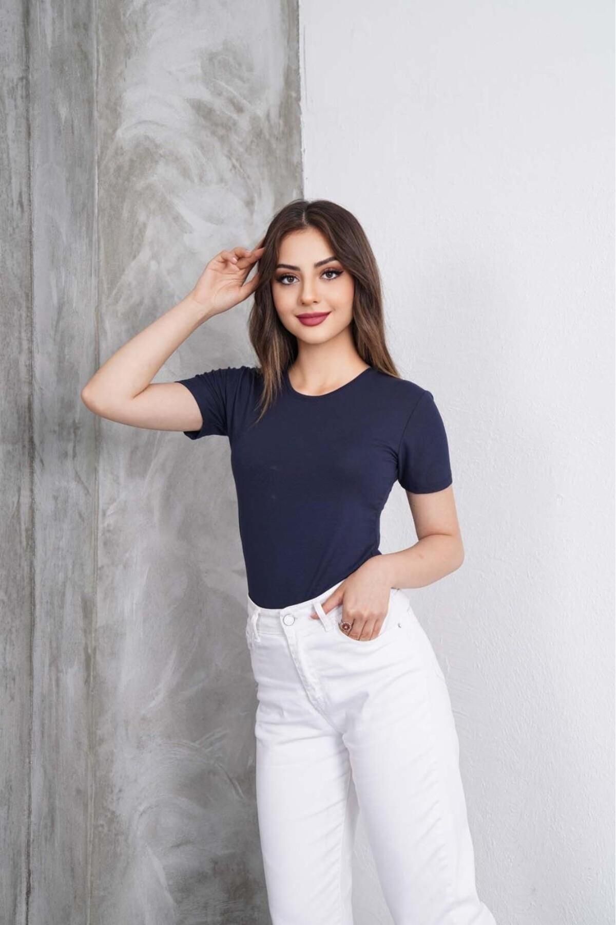 bykombincim Kadın %100 VİSKON Bisiklet yaka Kısa Kollu Likralı Slim Fit Body